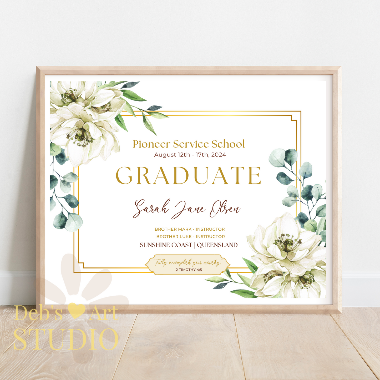 Custom Pioneer School Certificate | White Bouquet | JW Pioneer Gifts