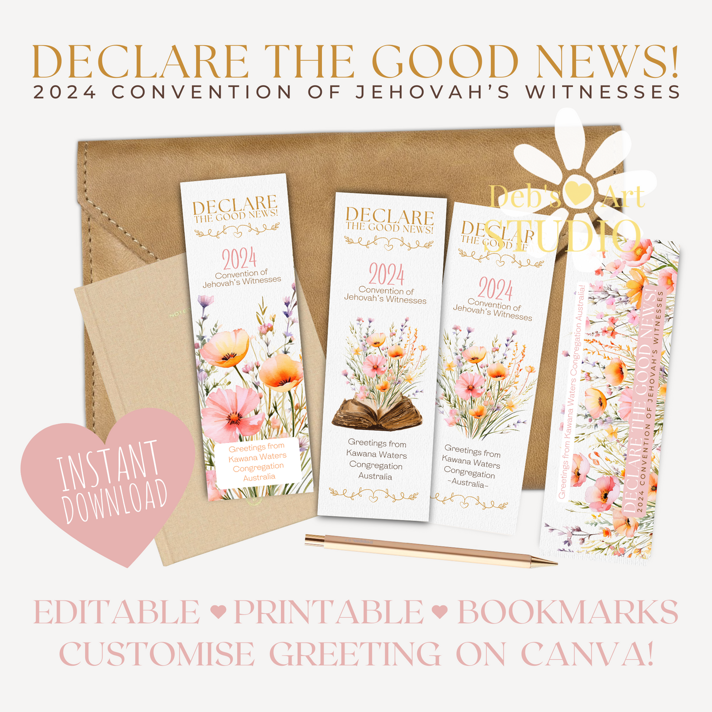 2024 Good News Convention | Editable Bookmark | JW Gift | Peach Flower