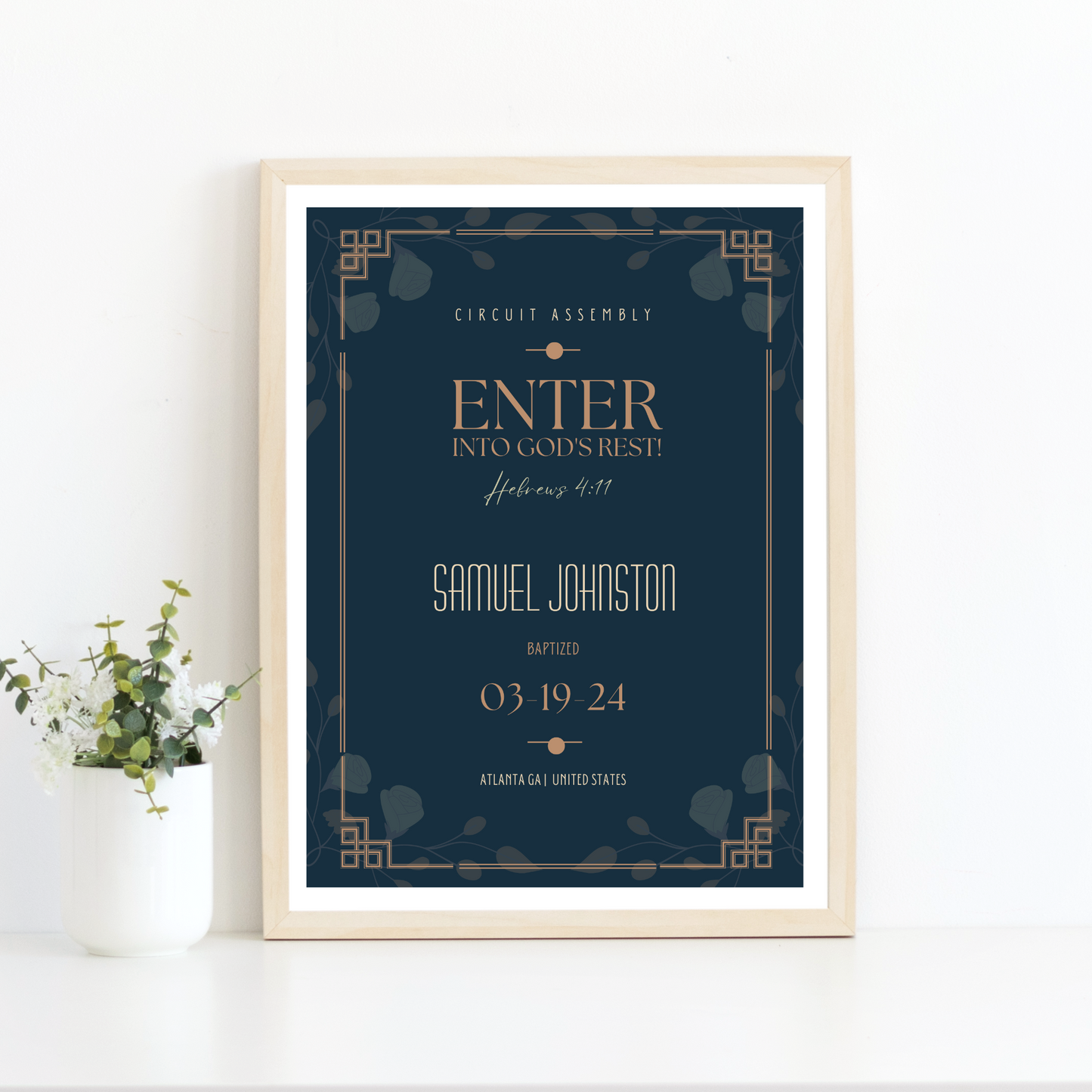 JW Baptism Gift | Baptism Keepsake, Navy - Art Deco Frame | Customised