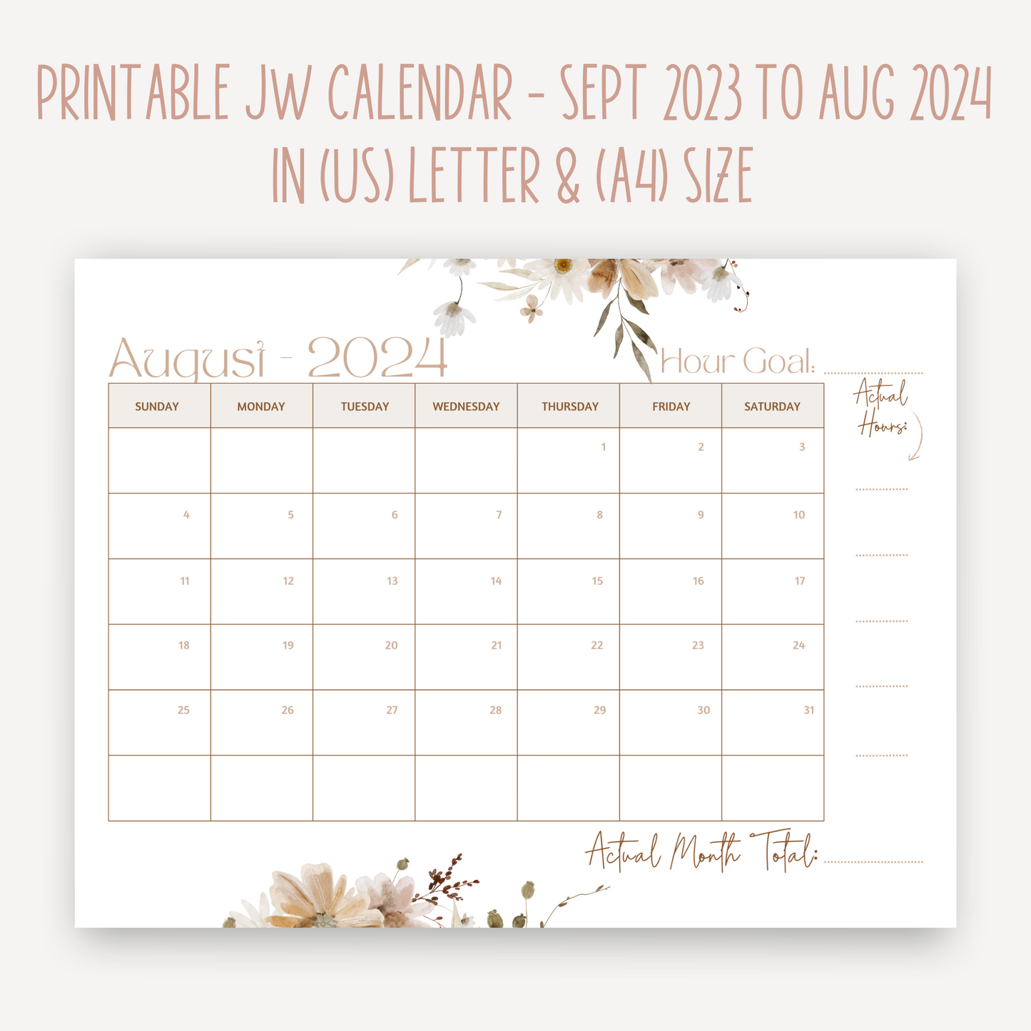 JW Calendar 2024 Service Year  | Printable Planner | JW Printable | Fall Flowers