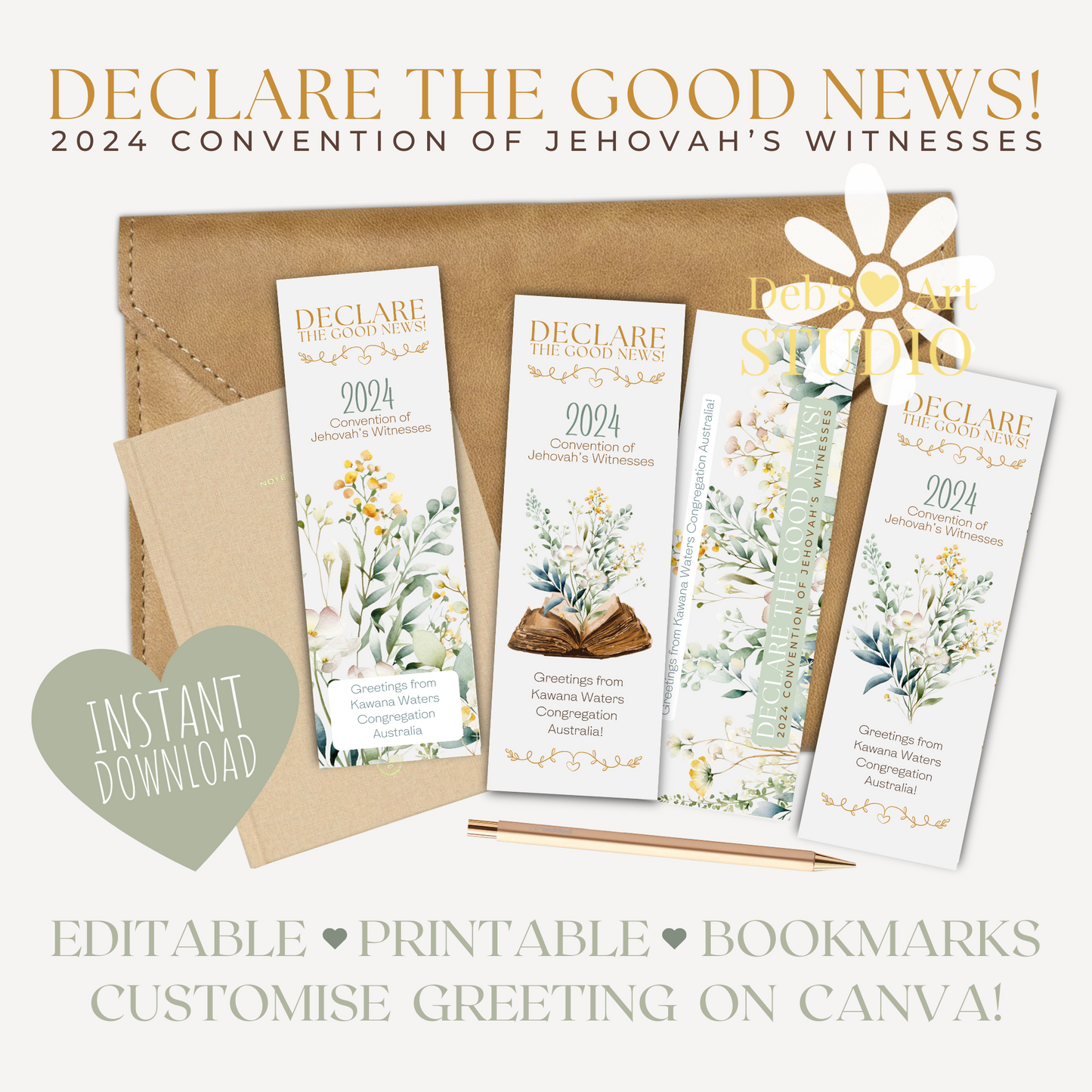 2024 Good News Convention | Editable Bookmark | JW Gift | Green Flower