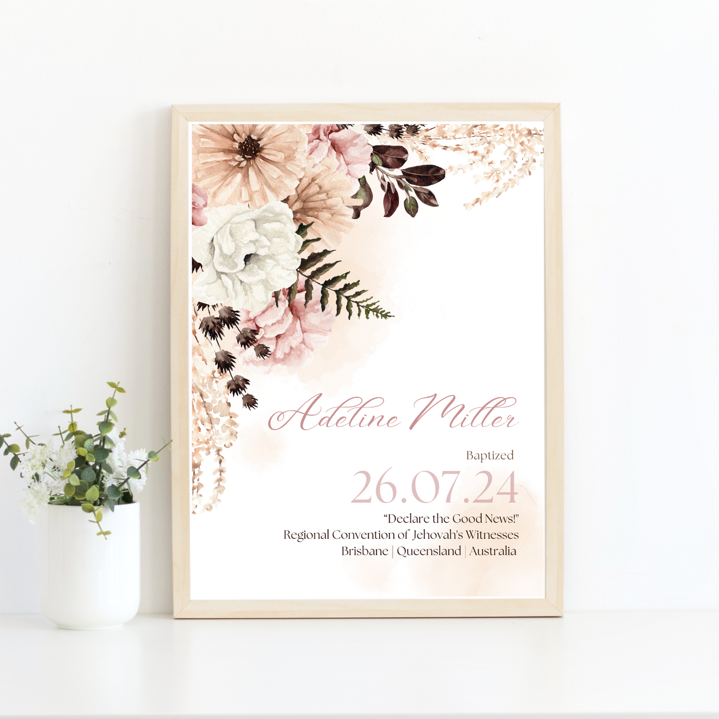 JW Baptism Gift | Baptism Keepsake | Pink Boho | Customizable Print