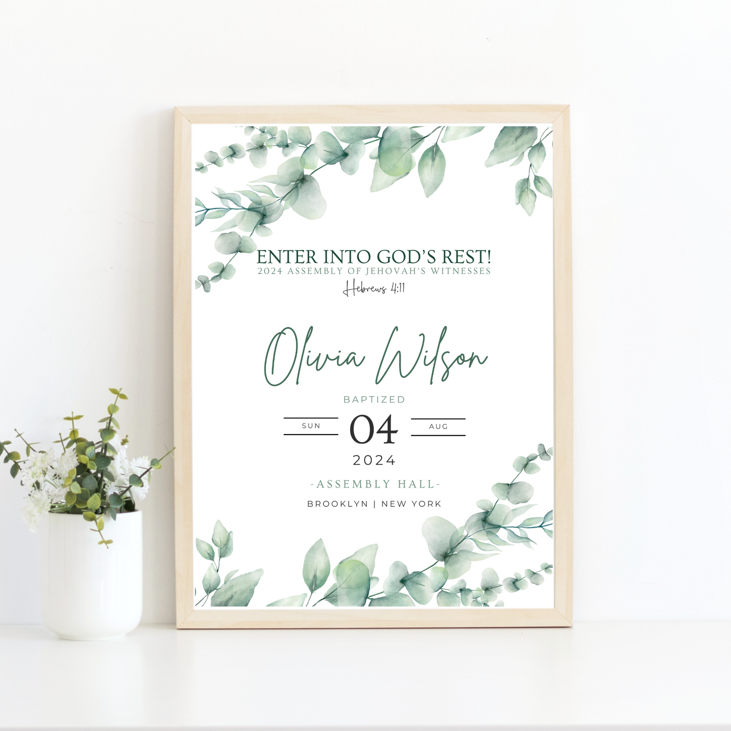 JW Baptism Gift | Baptism Keepsake | Eucalyptus Leaves | Customizable Print