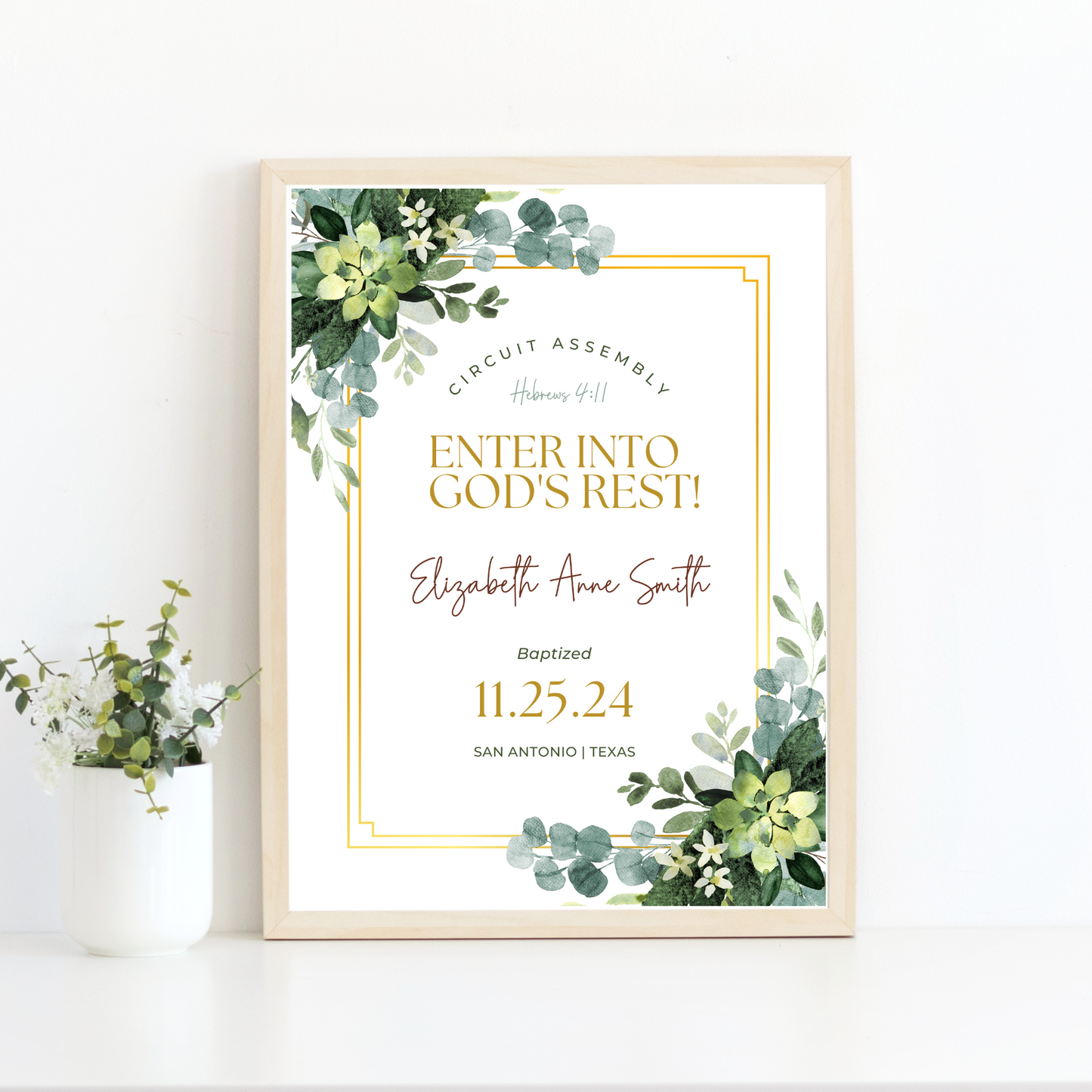 JW Baptism Gift | Baptism Keepsake | Green Leaves | Customizable Print