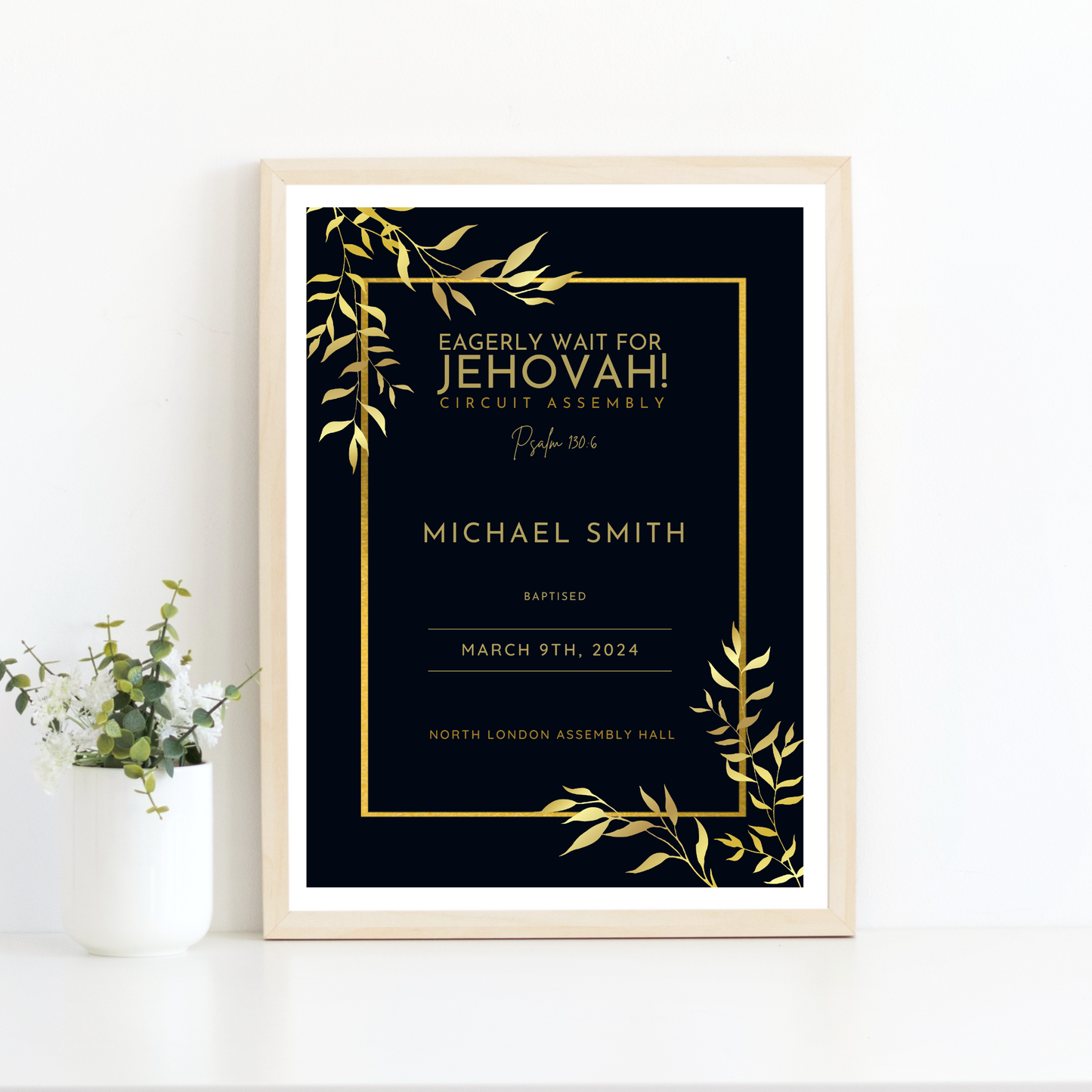 JW Baptism Gift | Baptism Keepsake, Black and Gold Frame | Customised