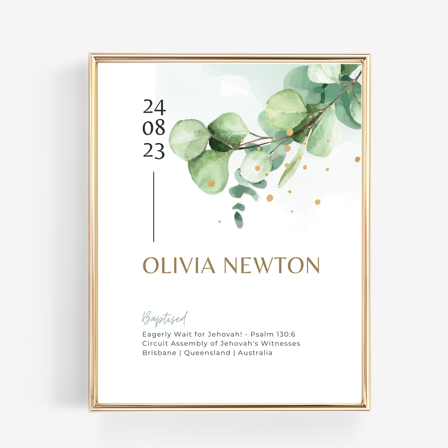 JW Baptism Gift | Baptism Keepsake, Eucalyptus & Gold Dots | Customise