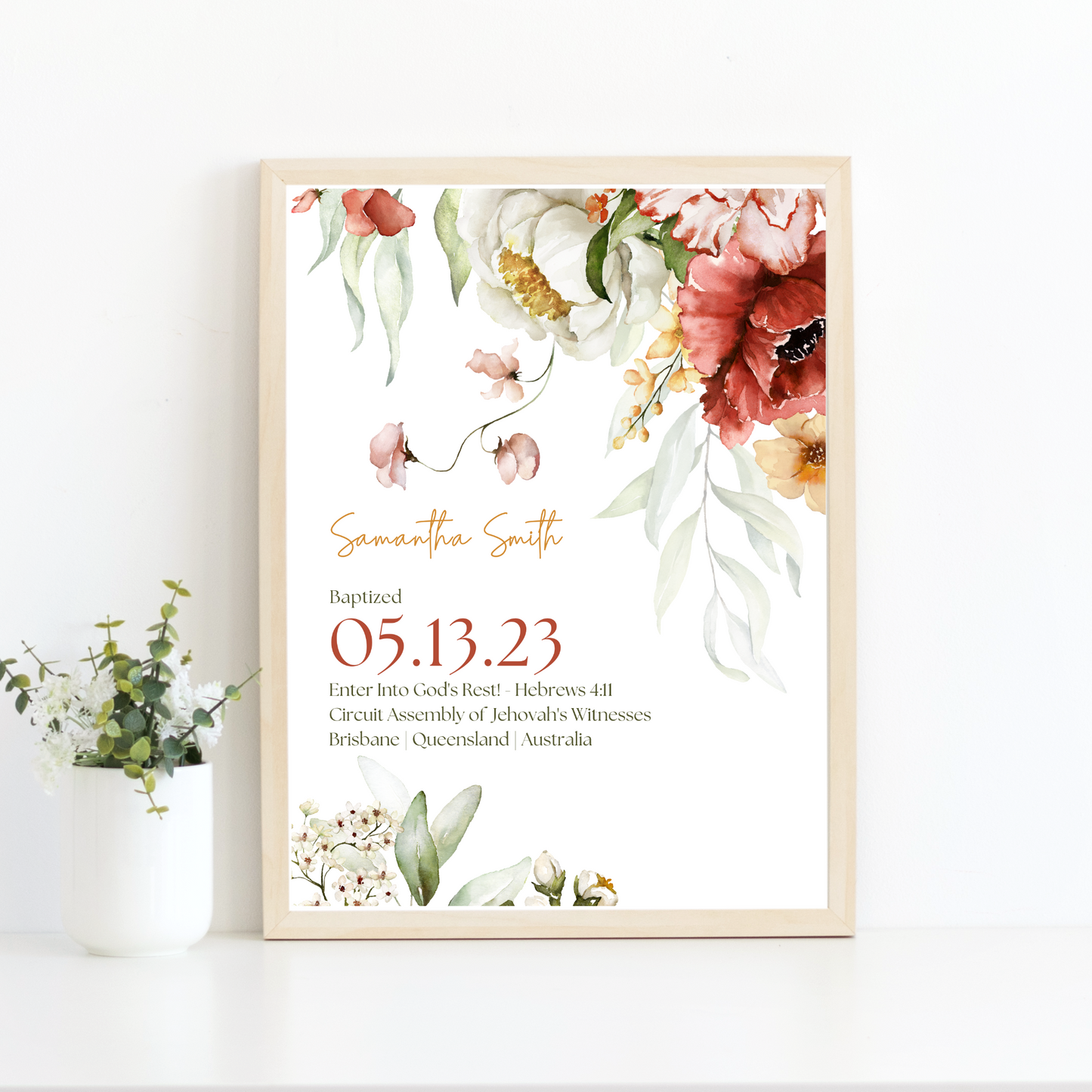 JW Baptism Gift | Baptism Keepsake | Cascading Floral | Customizable Print