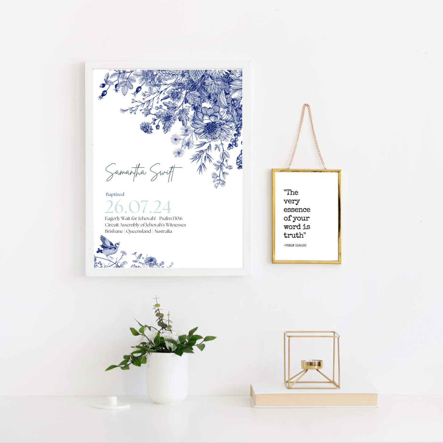 JW Baptism Gift | Baptism Keepsake, Blue & White Floral | Customisable