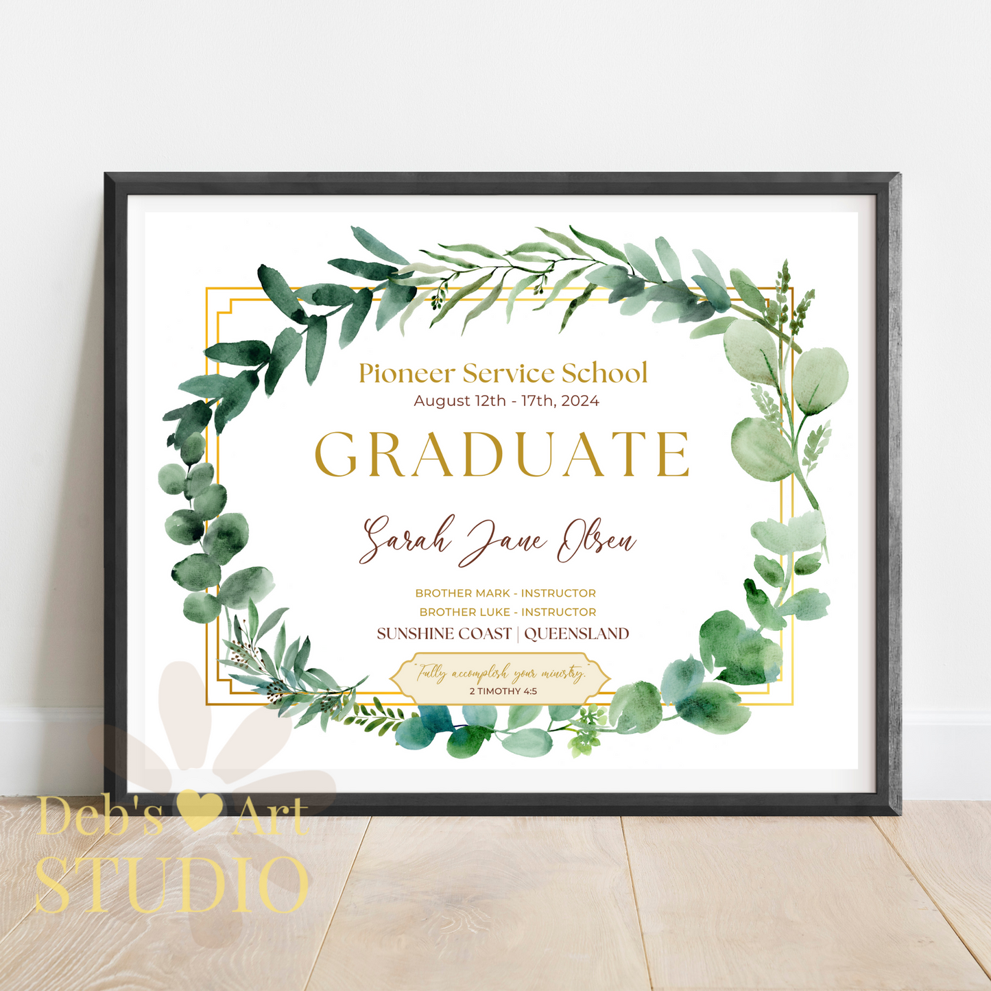 Custom Pioneer School Certificate | Green Leaves | JW Pioneer Gifts