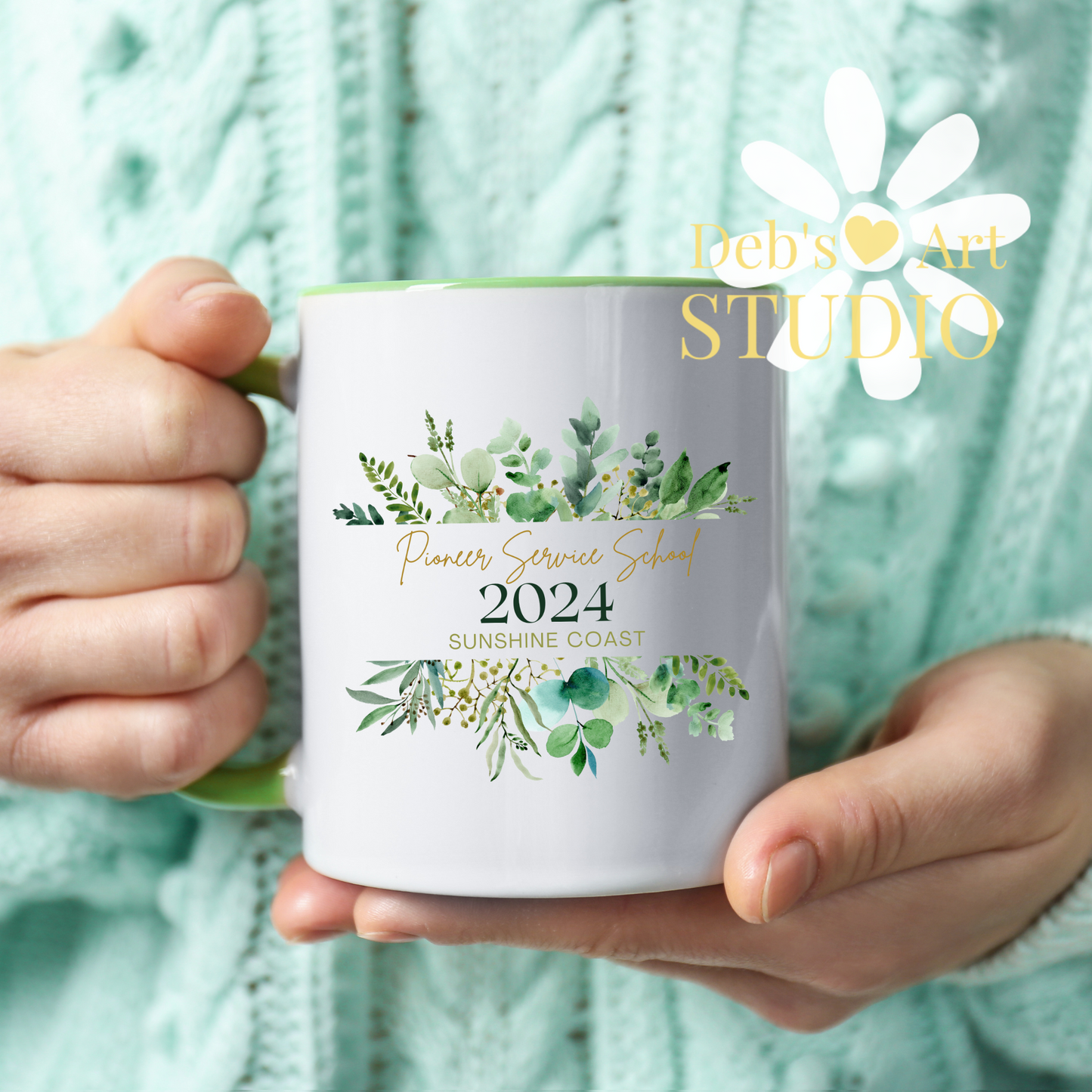 Pioneer School Mug Design - Editable | JW Pioneer Gifts | Green Leaves