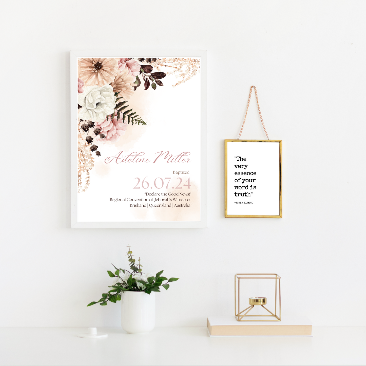 JW Baptism Gift | Baptism Keepsake | Pink Boho | Customizable Print