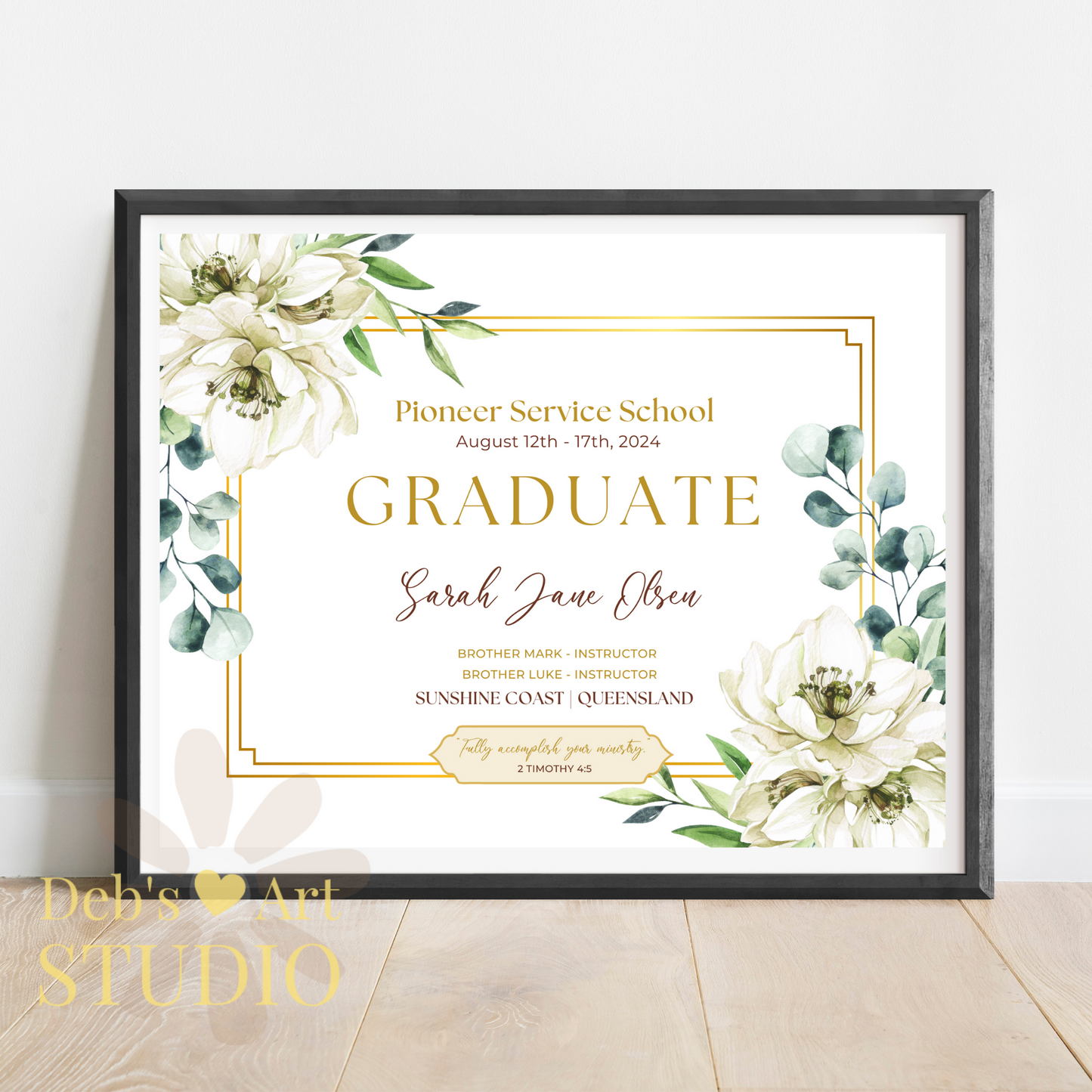 Custom Pioneer School Certificate | White Bouquet | JW Pioneer Gifts