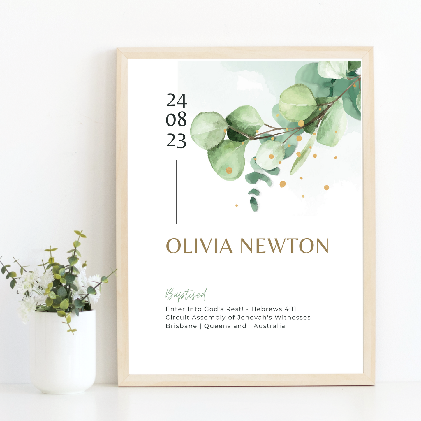 JW Baptism Gift | Baptism Keepsake, Eucalyptus & Gold Dots | Customise