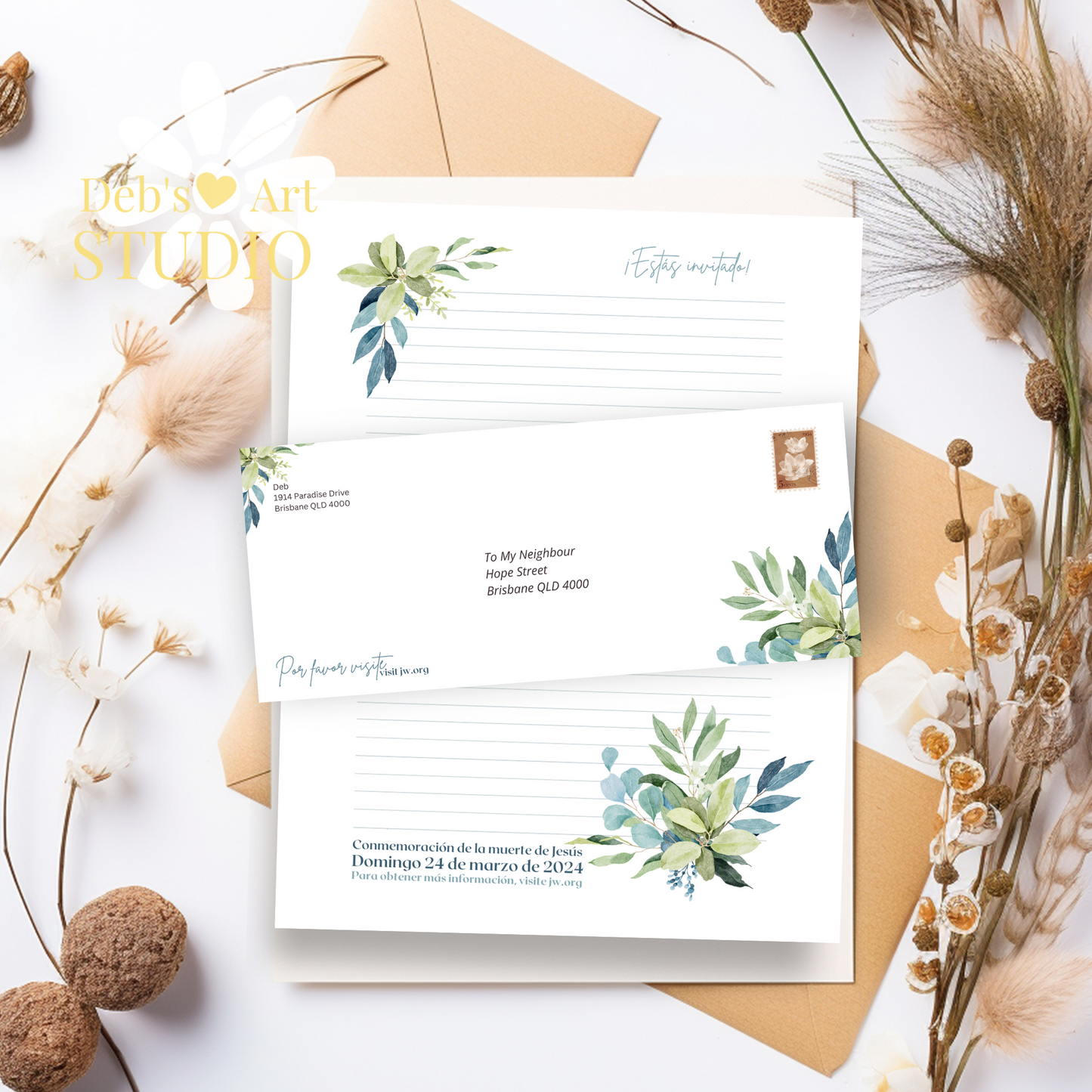 Visit jw.org, JW Envelopes | Memorial | Spanish Letter Writing | Eucalyptus Leaves