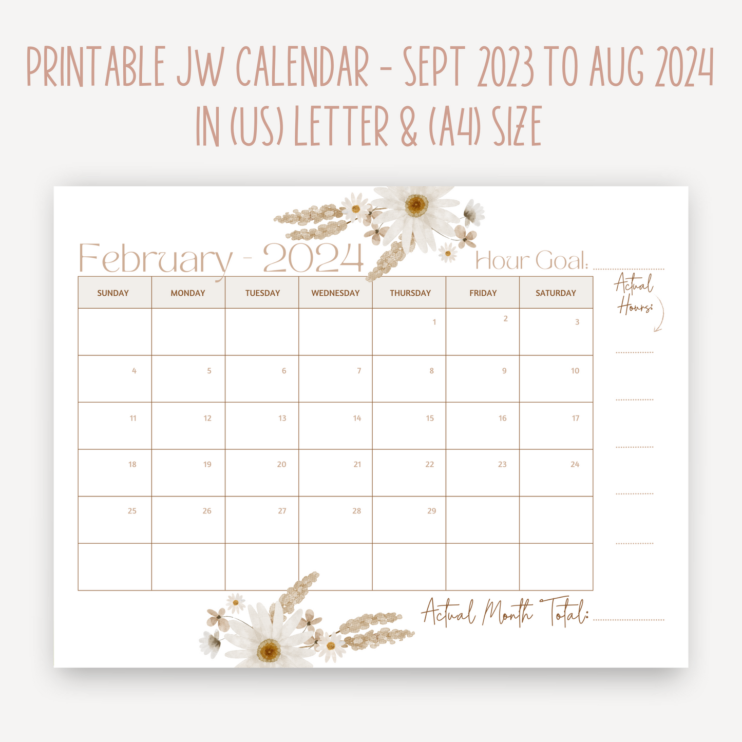 JW Calendar 2024 Service Year  | Printable Planner | JW Printable | Fall Flowers