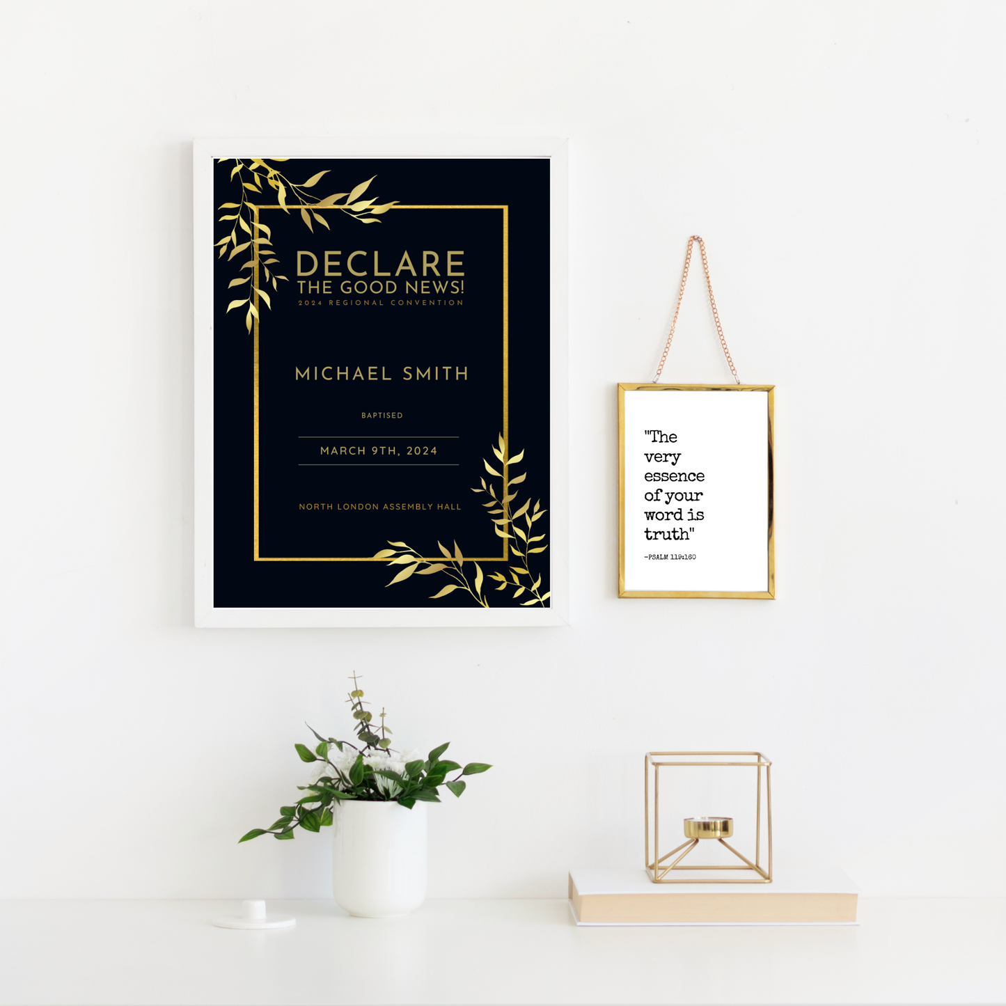 JW Baptism Gift | Baptism Keepsake, Black and Gold Frame | Customised