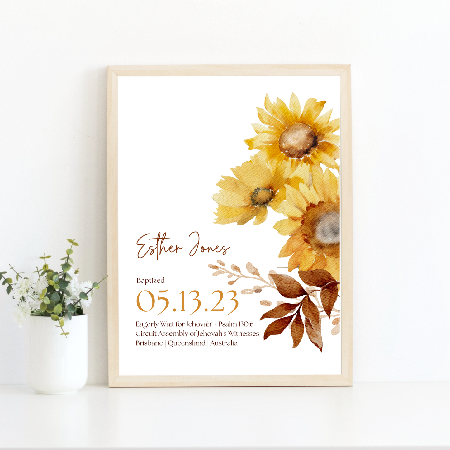 JW Baptism Gift | Baptism Keepsake | Sunflower Print | Customizable