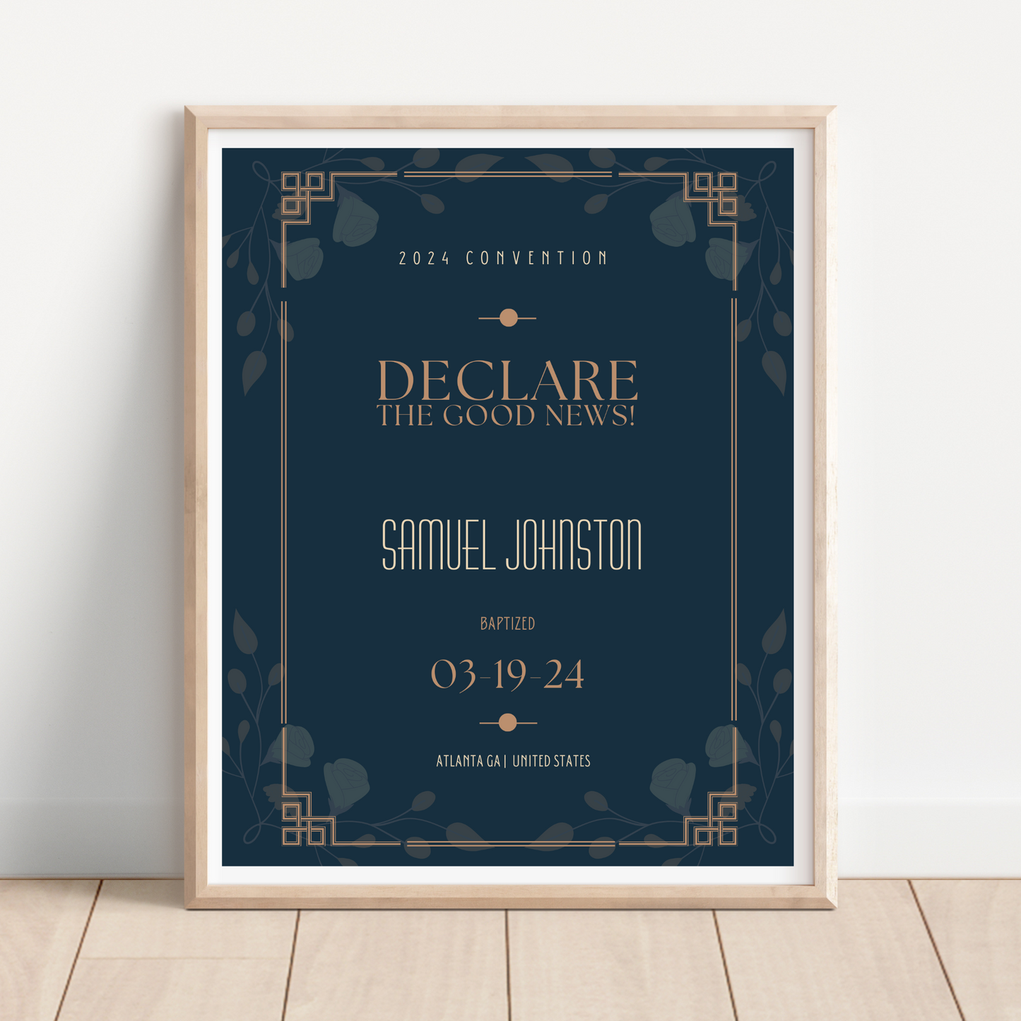 JW Baptism Gift | Baptism Keepsake, Navy - Art Deco Frame | Customised