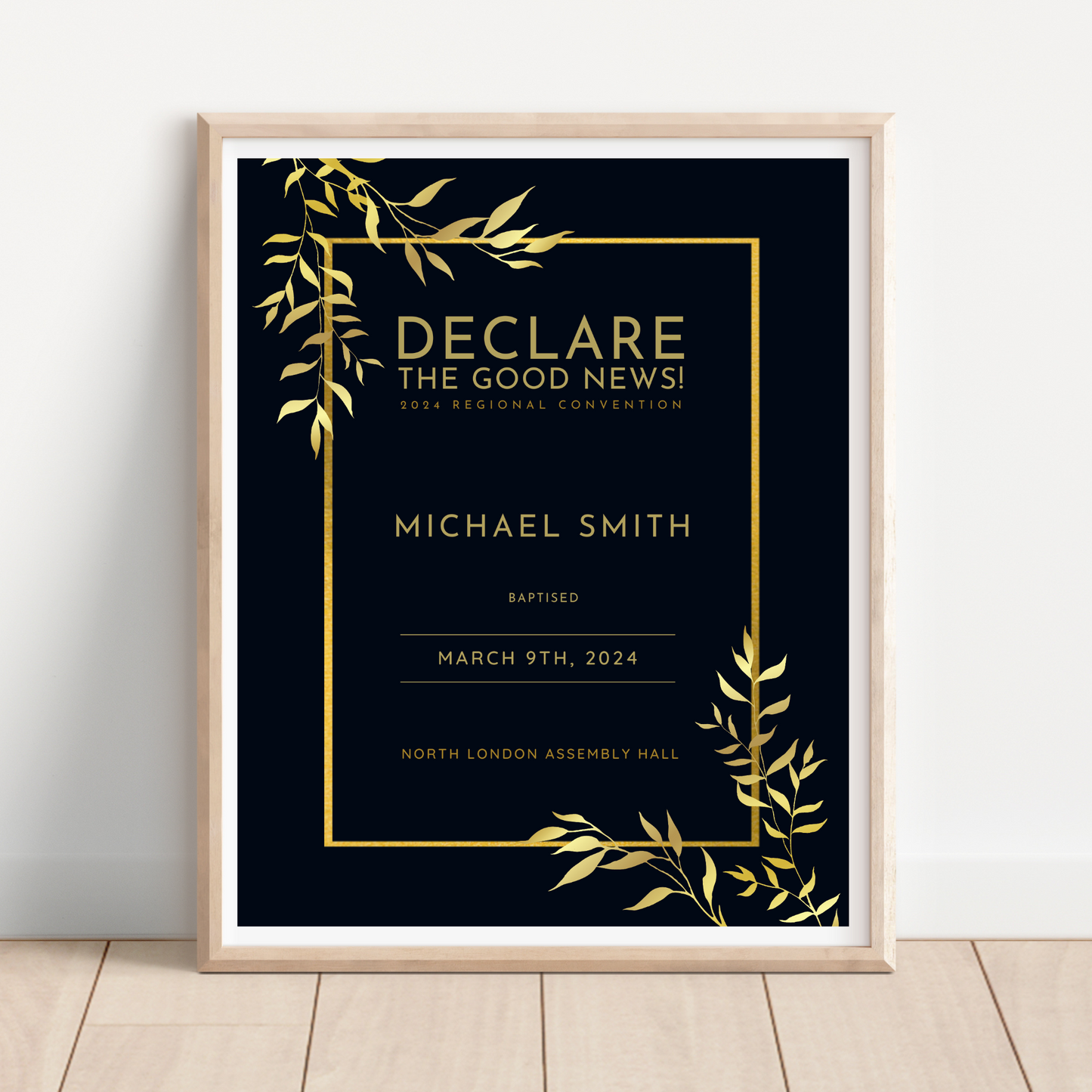 JW Baptism Gift | Baptism Keepsake, Black and Gold Frame | Customised