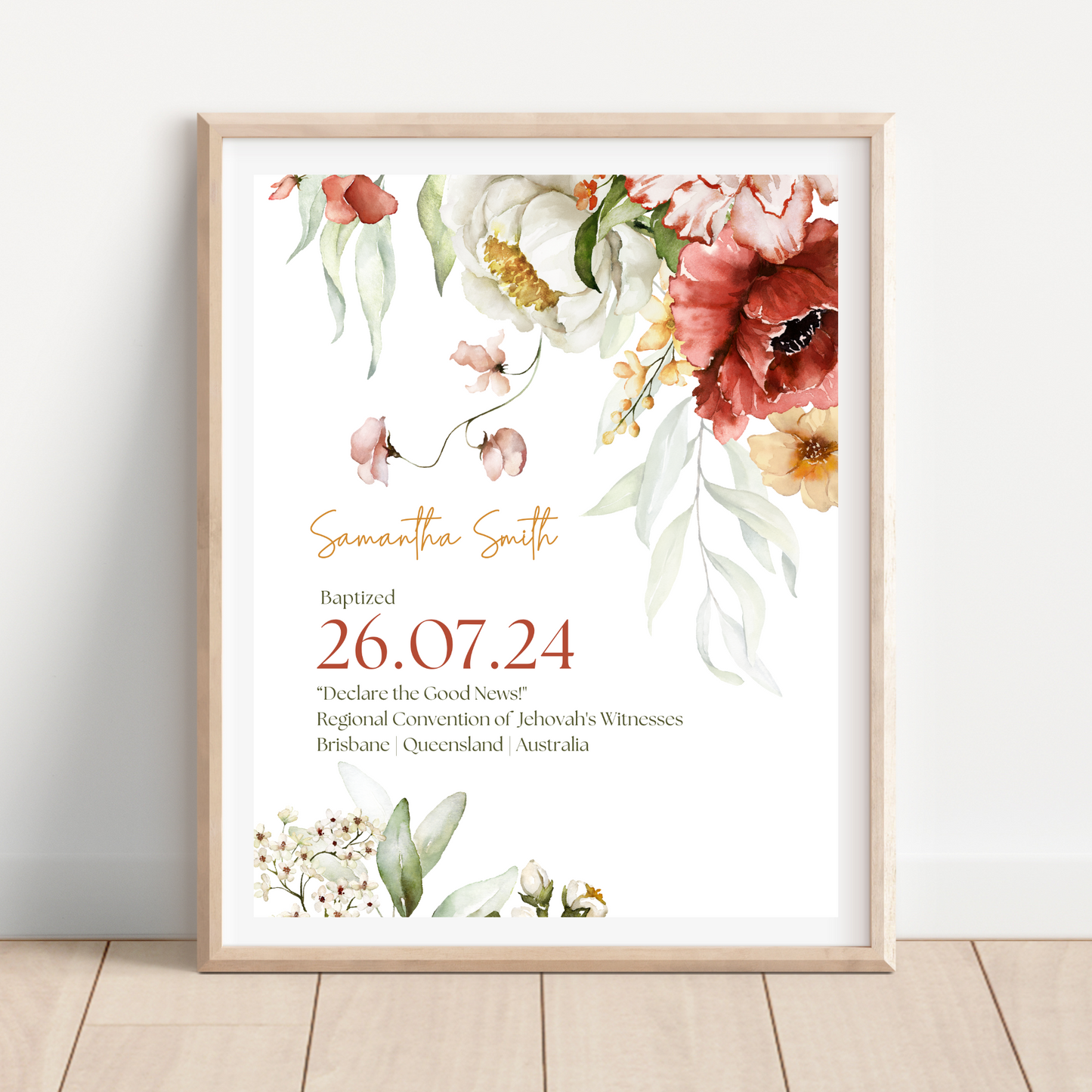 JW Baptism Gift | Baptism Keepsake | Cascading Floral | Customizable Print