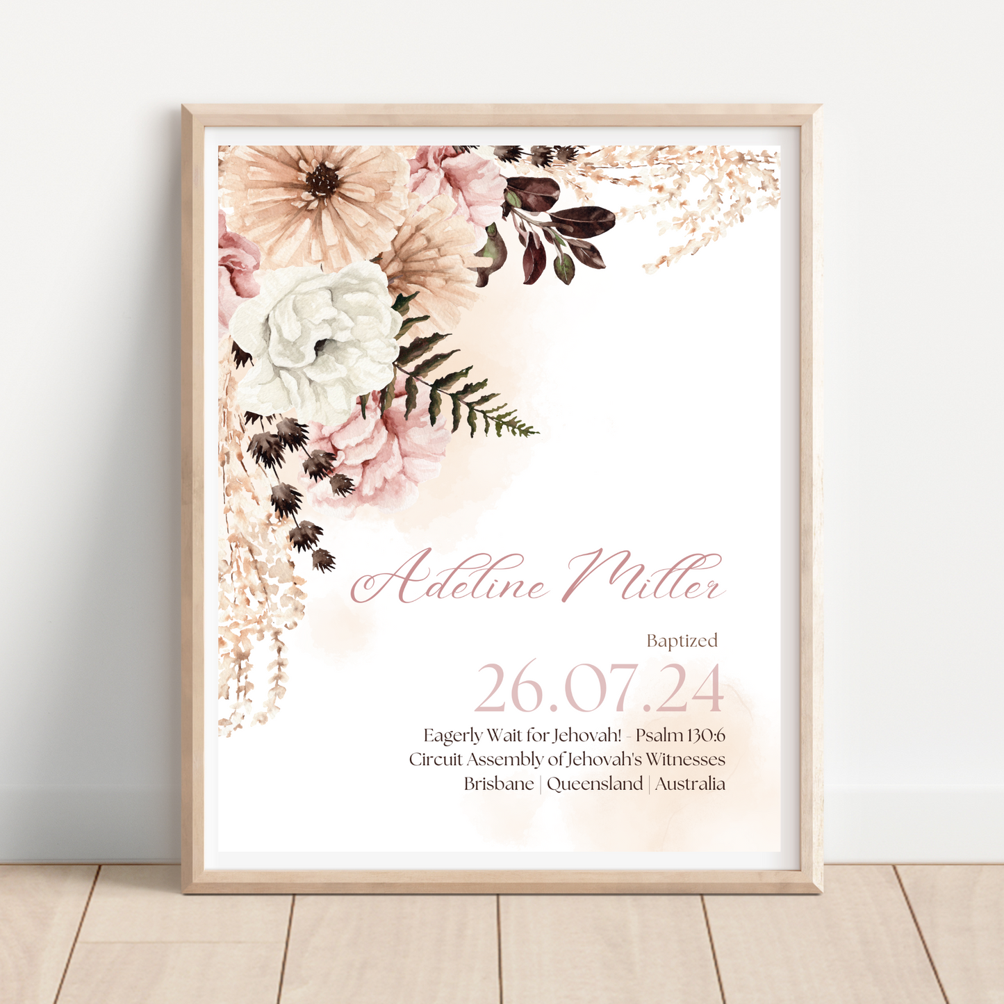 JW Baptism Gift | Baptism Keepsake | Pink Boho | Customizable Print