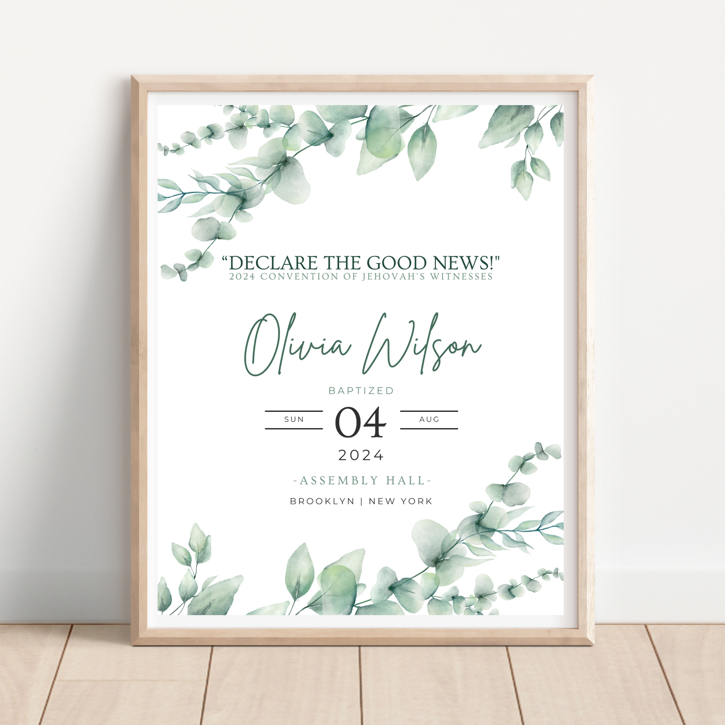 JW Baptism Gift | Baptism Keepsake | Eucalyptus Leaves | Customizable Print