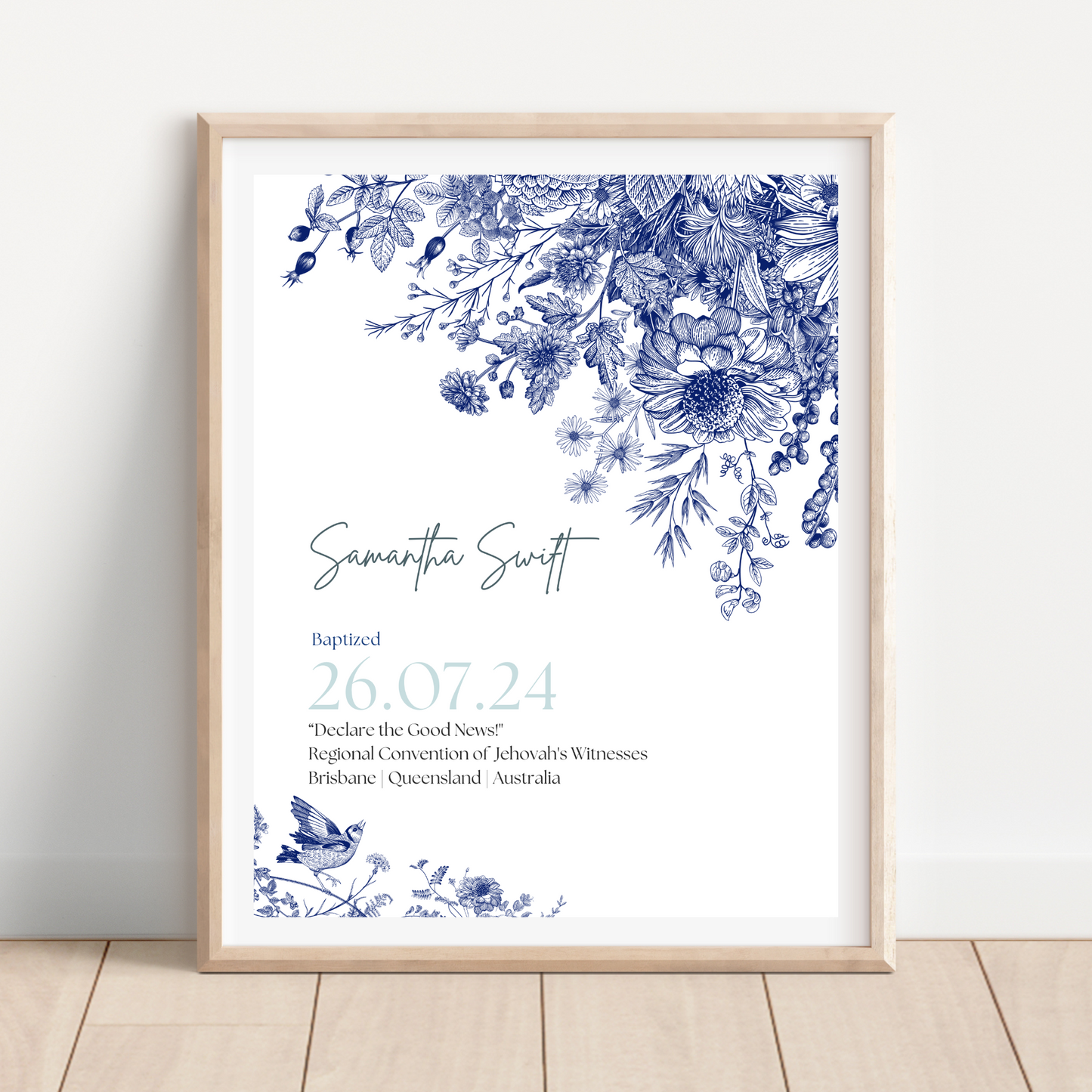 JW Baptism Gift | Baptism Keepsake, Blue & White Floral | Customisable