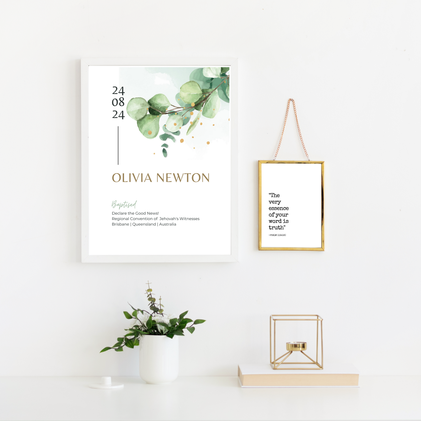 JW Baptism Gift | Baptism Keepsake, Eucalyptus & Gold Dots | Customise