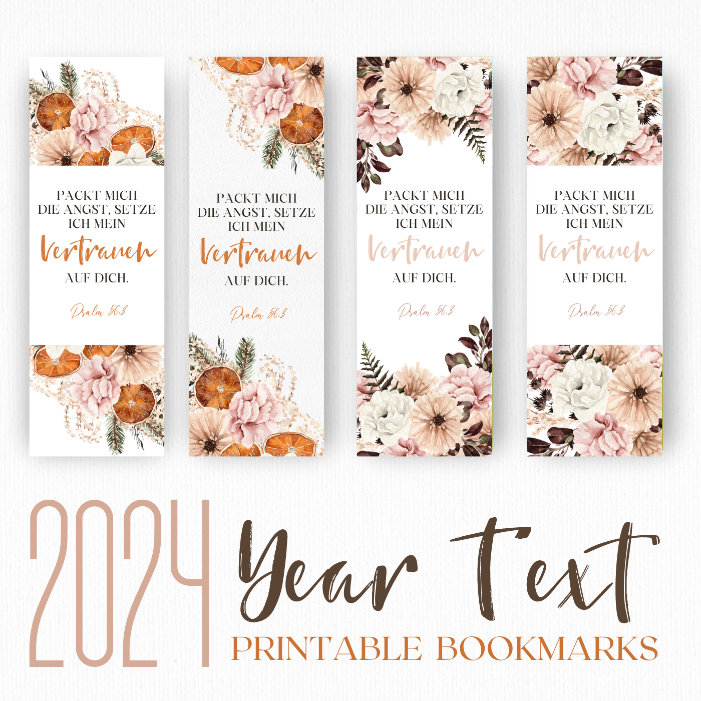 2024 JW Year Text - Psalm 56:3, bookmark | German | Pink Boho Flowers