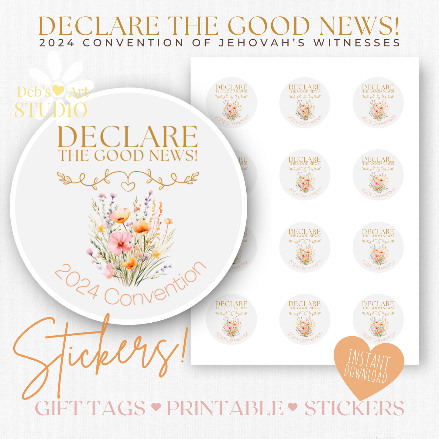 2024 Good News Convention | JW Gift Tag, Stickers | Peach Wildflowers