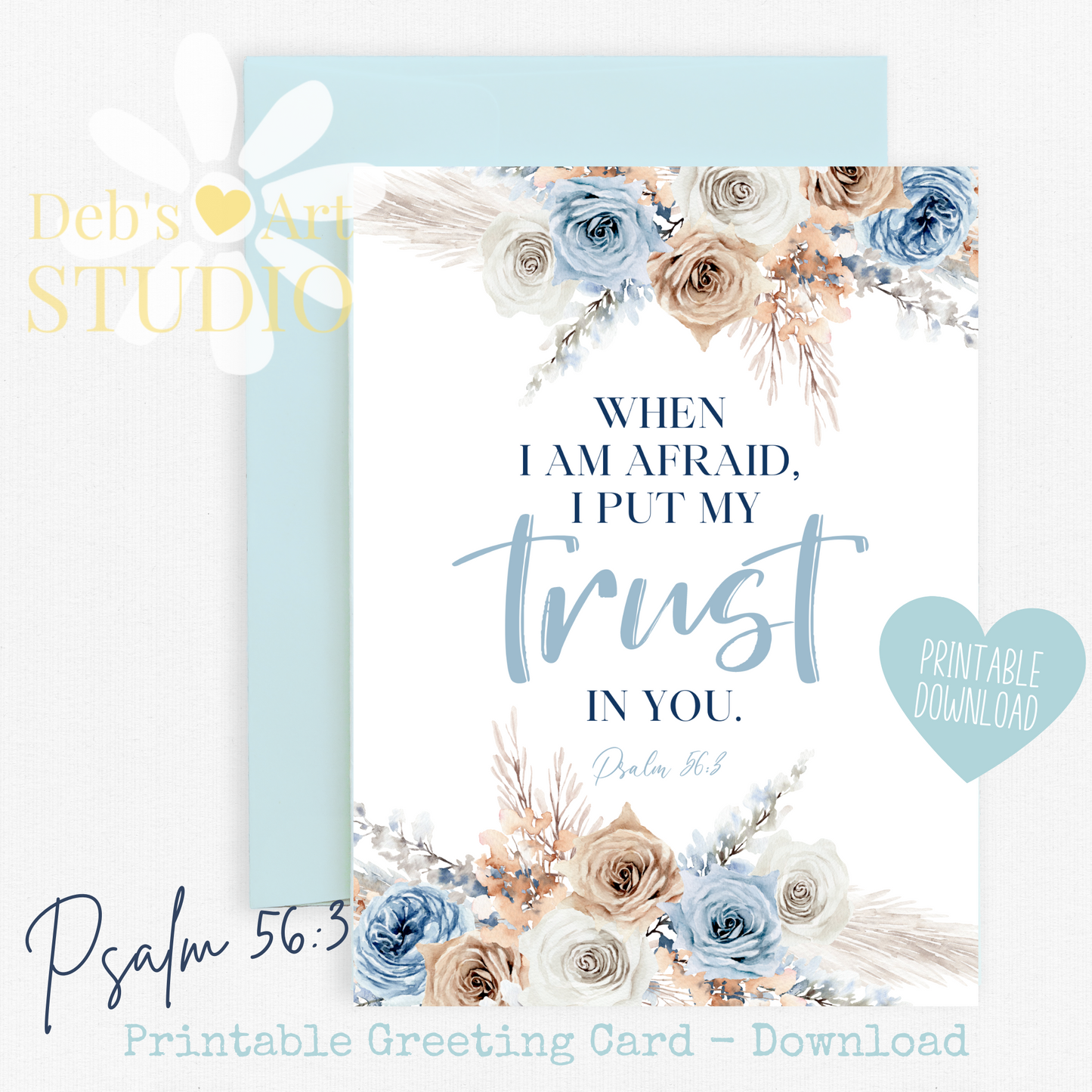 JW Greeting Card | Psalm 56:3 | 2024 Year Text | Blue Boho Flowers