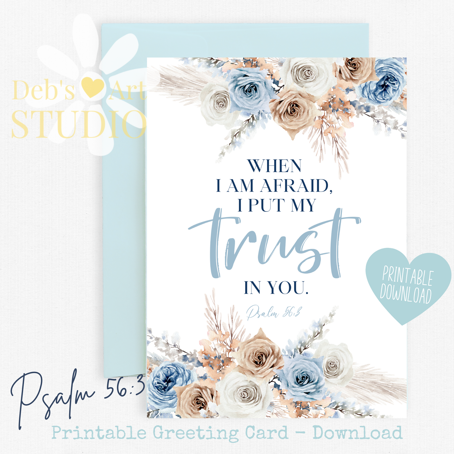 JW Greeting Card | Psalm 56:3 | 2024 Year Text | Blue Boho Flowers