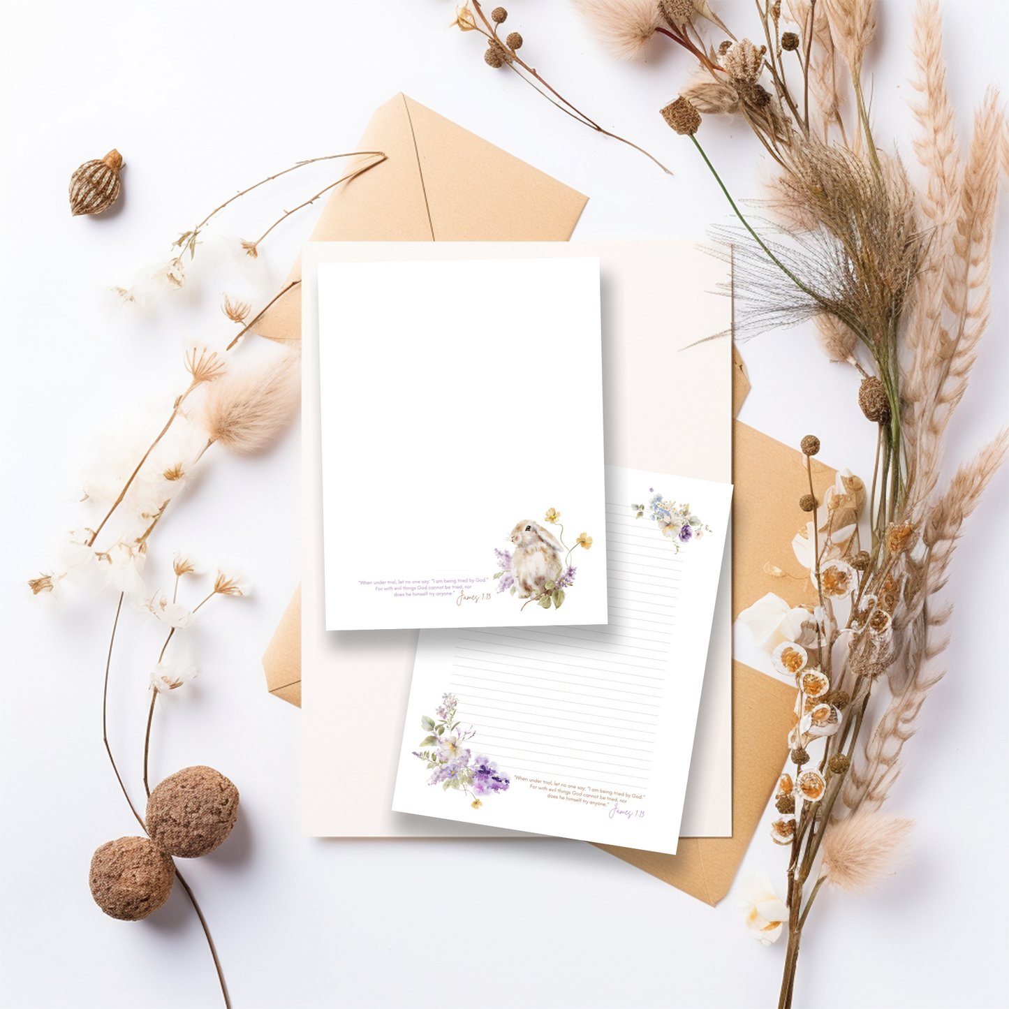 James 1:13, JW Letter Writing Paper | Lilac Blooms & Furry Friends