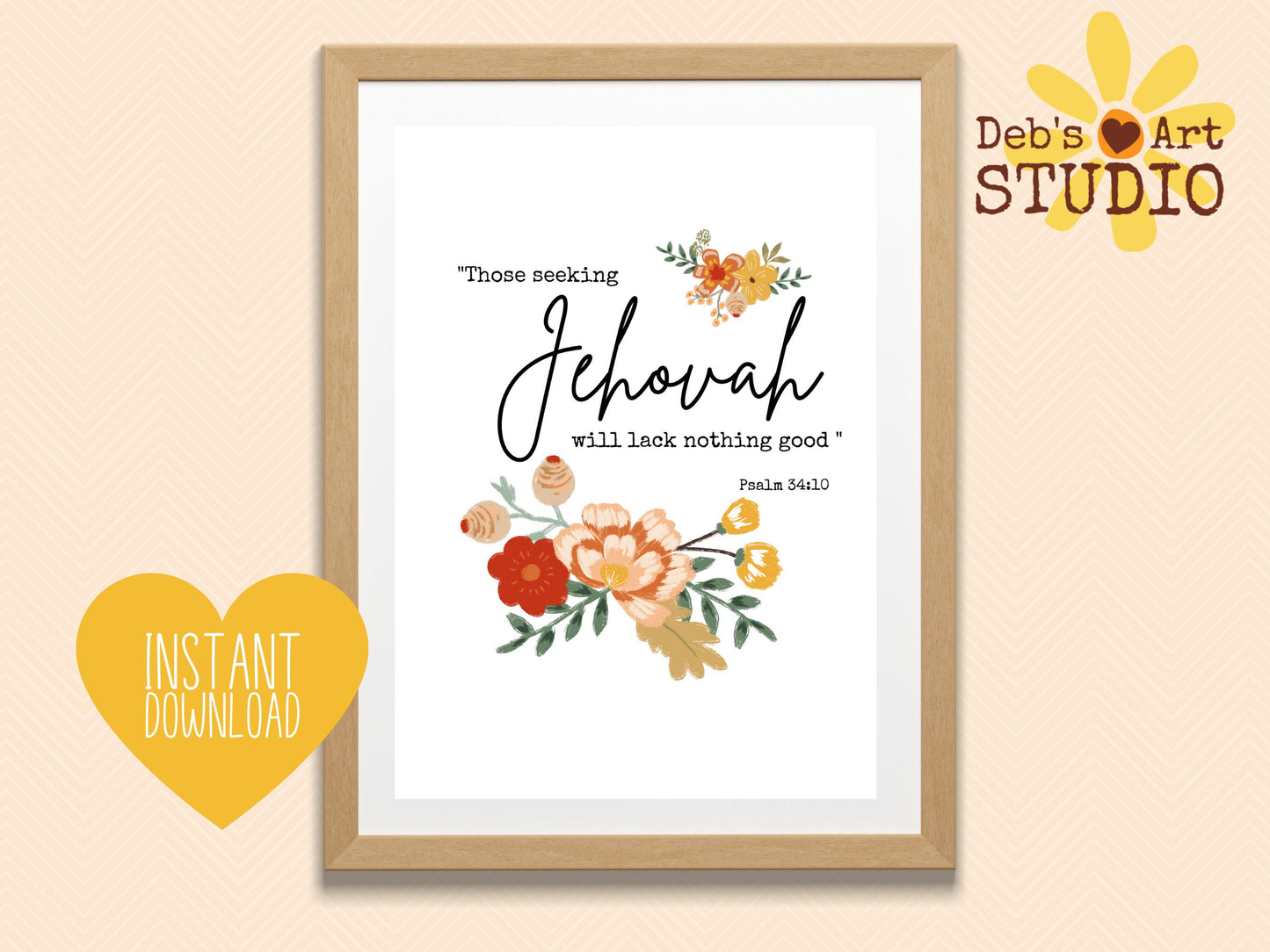 JW 2022 Year Text Print Art | Psalm 34:10 | 5"x7" Print | 5"x7" Card | JW Gift | JW Baptism Card | Digital Download | Vintage Flowers