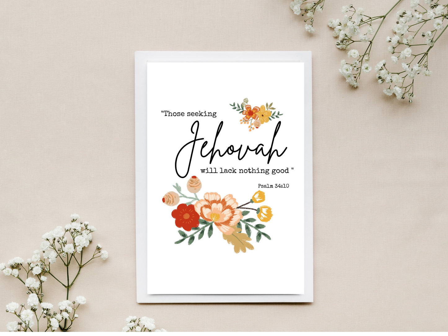 JW 2022 Year Text Print Art | Psalm 34:10 | 5"x7" Print | 5"x7" Card | JW Gift | JW Baptism Card | Digital Download | Vintage Flowers