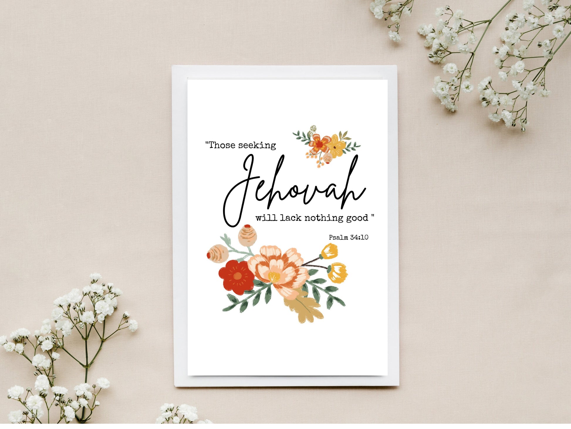 JW 2022 Year Text Print Art | Psalm 34:10 | 5"x7" Print | 5"x7" Card | JW Gift | JW Baptism Card | Digital Download | Vintage Flowers