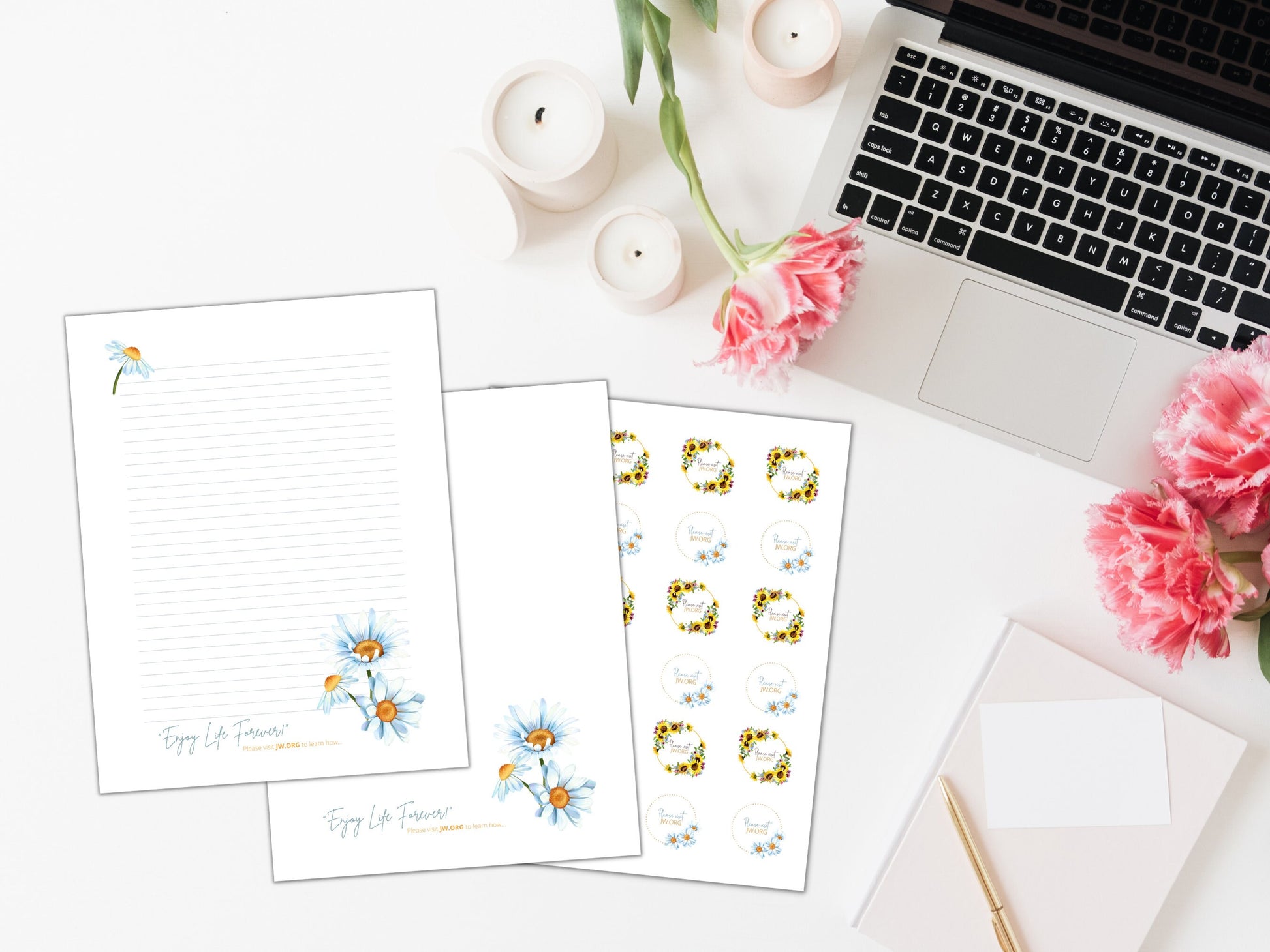 Please Visit jw.org | Envelope Stickers | Sunflowers | Blue Daisies | JW Letter Writing | Jehovah's Witnesses | JW Stickers | JW Printable