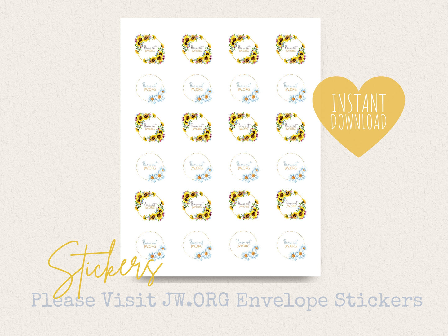 Please Visit jw.org | Envelope Stickers | Sunflowers | Blue Daisies | JW Letter Writing | Jehovah's Witnesses | JW Stickers | JW Printable