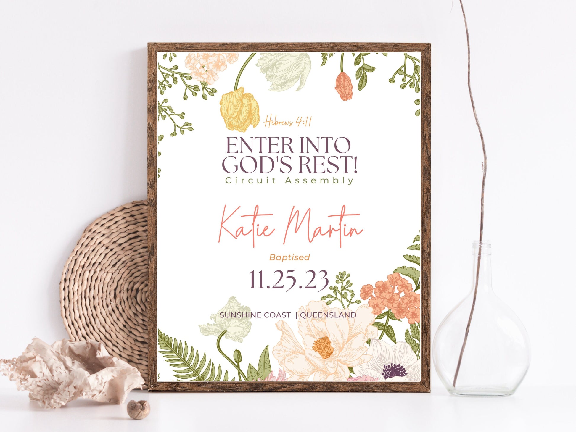 JW Baptism Gift | Baptism Print Template for Jehovah’s Witnesses | Baptism Keepsake | Spring Flowers | Personalised, Customised Print