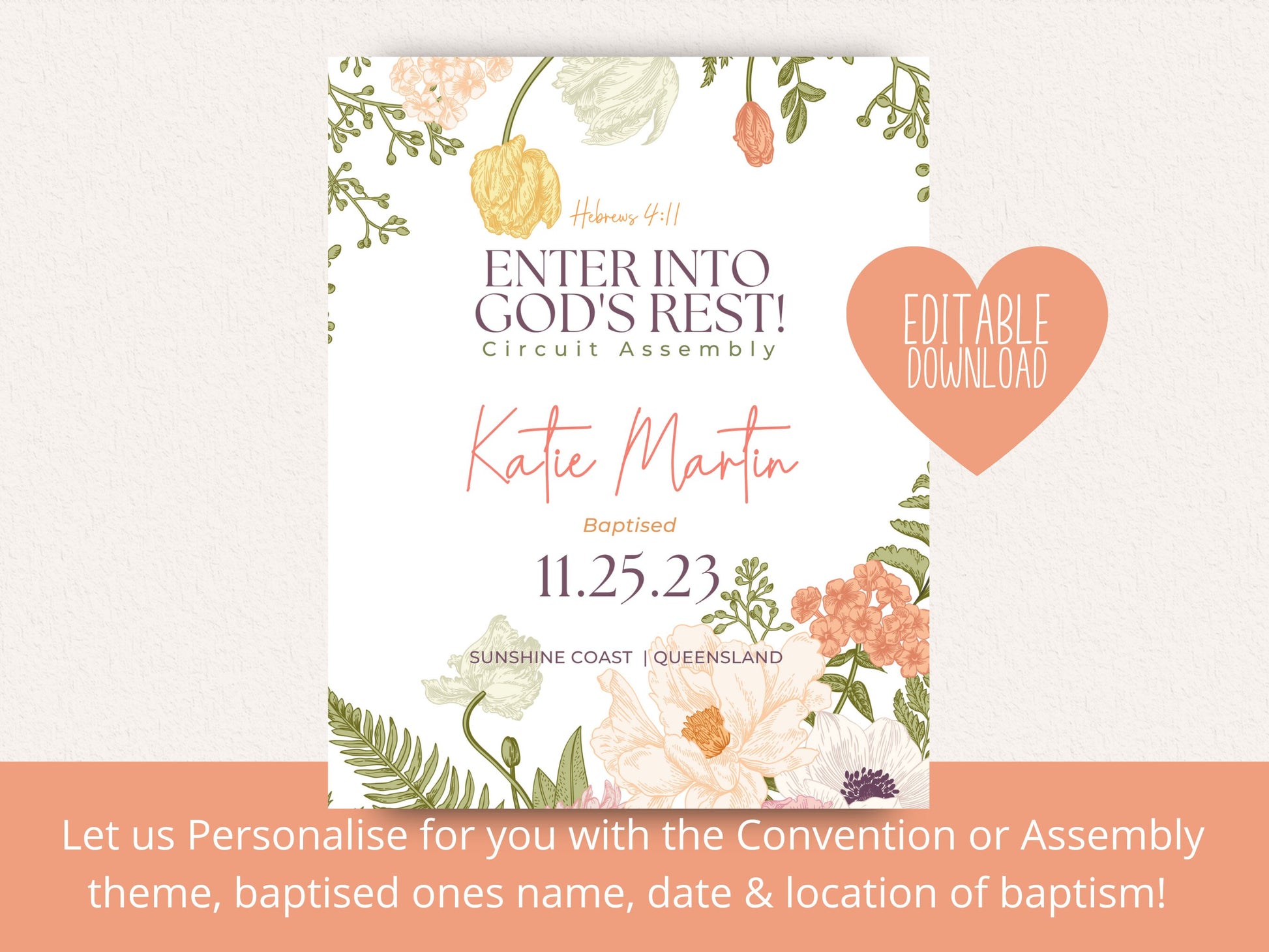 JW Baptism Gift | Baptism Print Template for Jehovah’s Witnesses | Baptism Keepsake | Spring Flowers | Personalised, Customised Print