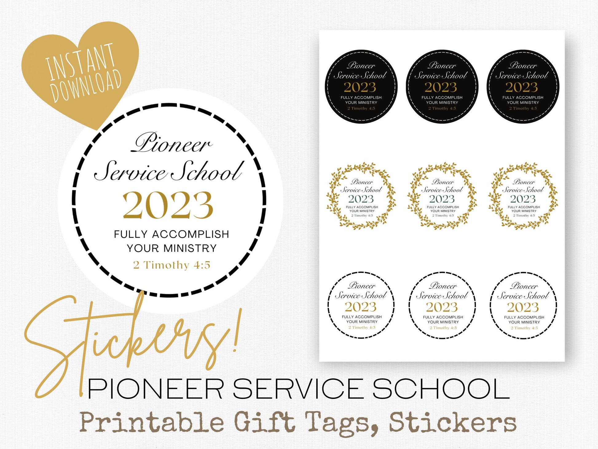 Pioneer Gift Tag, Stickers | 2023 Pioneer School | JW Gifts | Black and Gold Wreath | JW Stickers