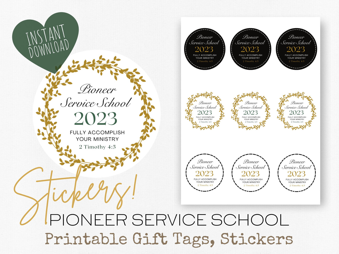 Pioneer Gift Tag, Stickers | 2023 Pioneer School | JW Gifts | Black and Gold Wreath | JW Stickers