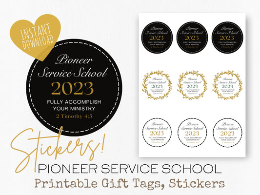 Pioneer Gift Tag, Stickers | 2023 Pioneer School | JW Gifts | Black and Gold Wreath | JW Stickers