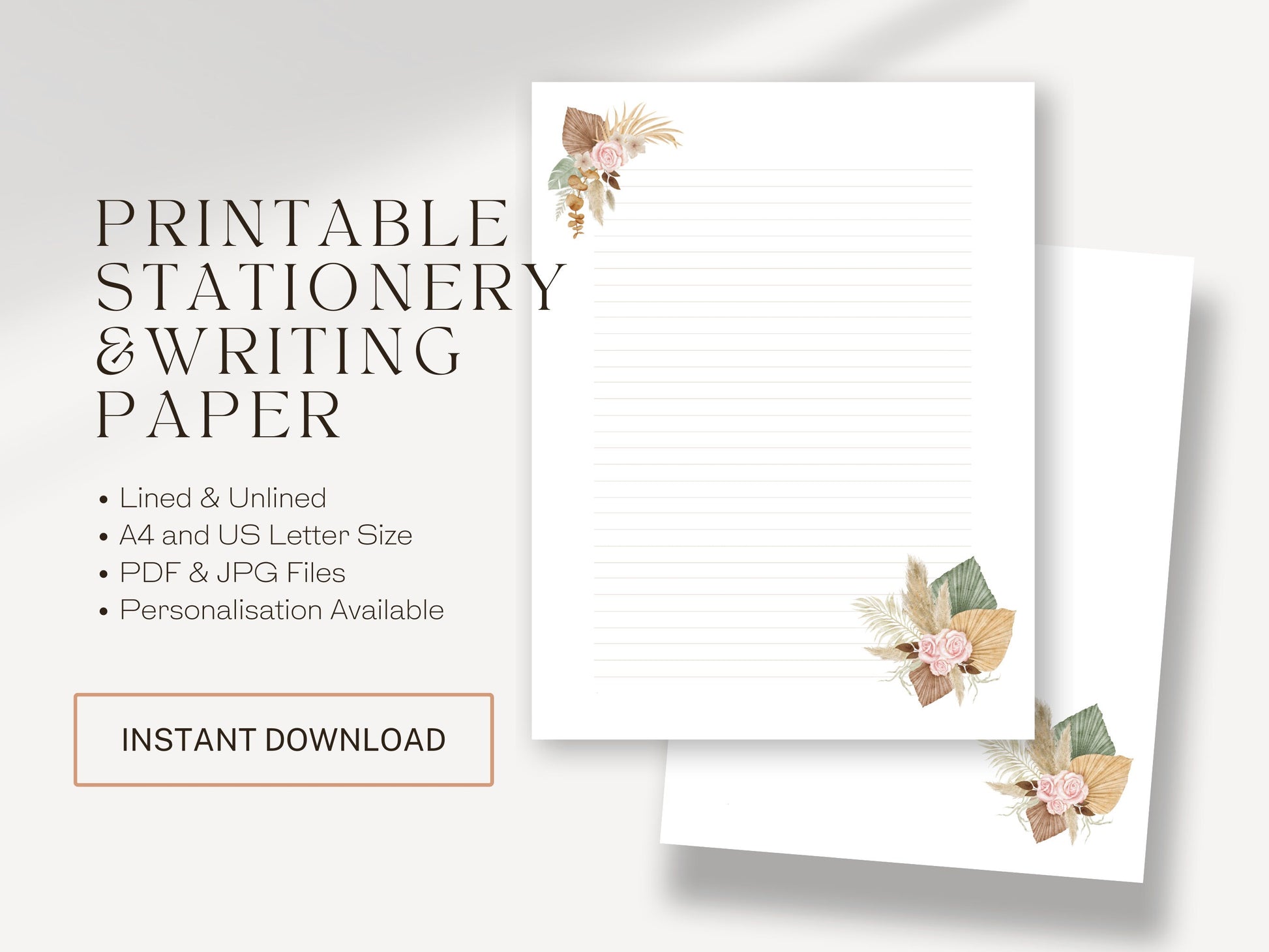 Note Paper | Printable Letterhead | Pink Boho Flowers