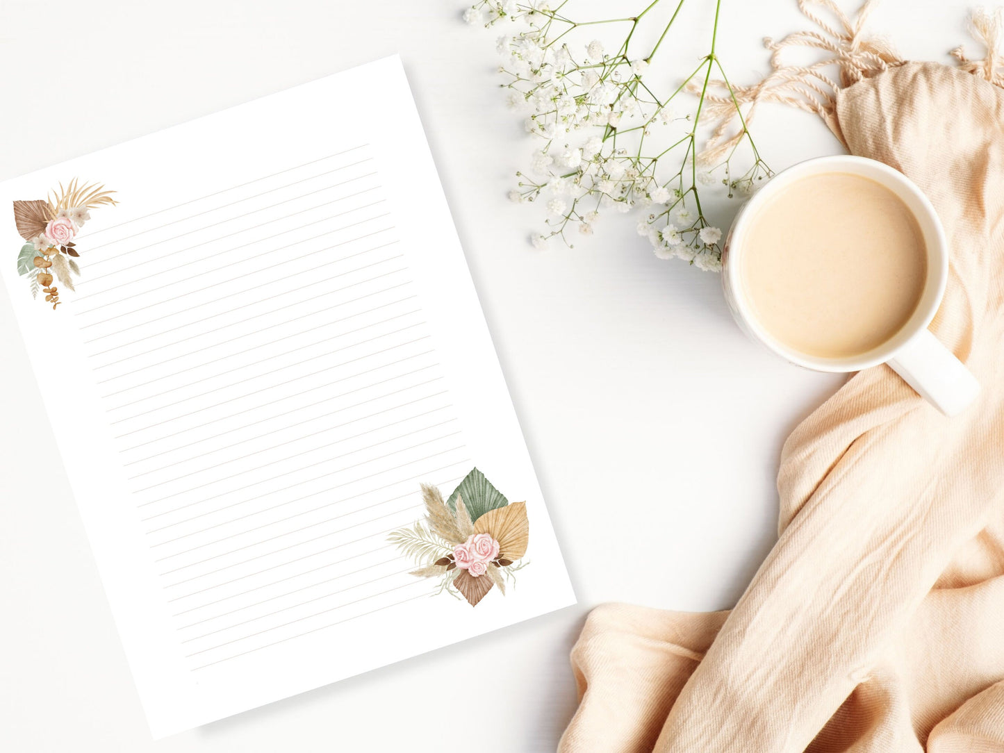 Note Paper | Printable Letterhead | Pink Boho Flowers