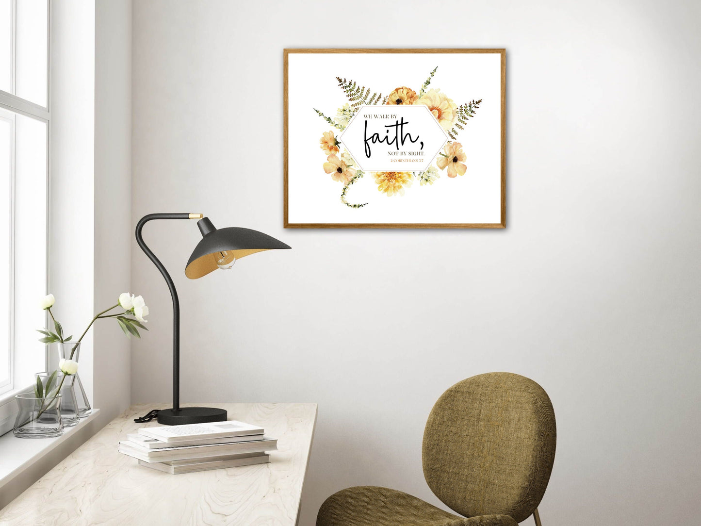 Walk by Faith Bible Verse Wall Art | 2 Corinthians 5:7 | JW Baptism Gift | Lemon Boho Flowers