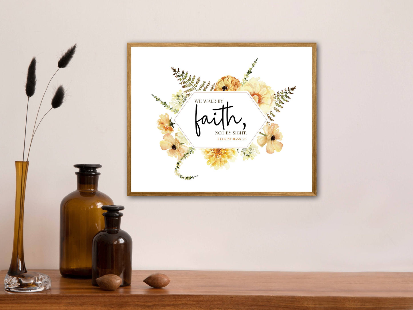 Walk by Faith Bible Verse Wall Art | 2 Corinthians 5:7 | JW Baptism Gift | Lemon Boho Flowers