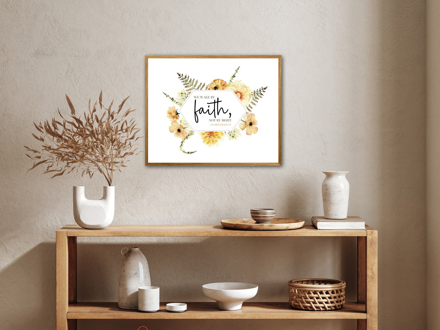 Walk by Faith Bible Verse Wall Art | 2 Corinthians 5:7 | JW Baptism Gift | Lemon Boho Flowers