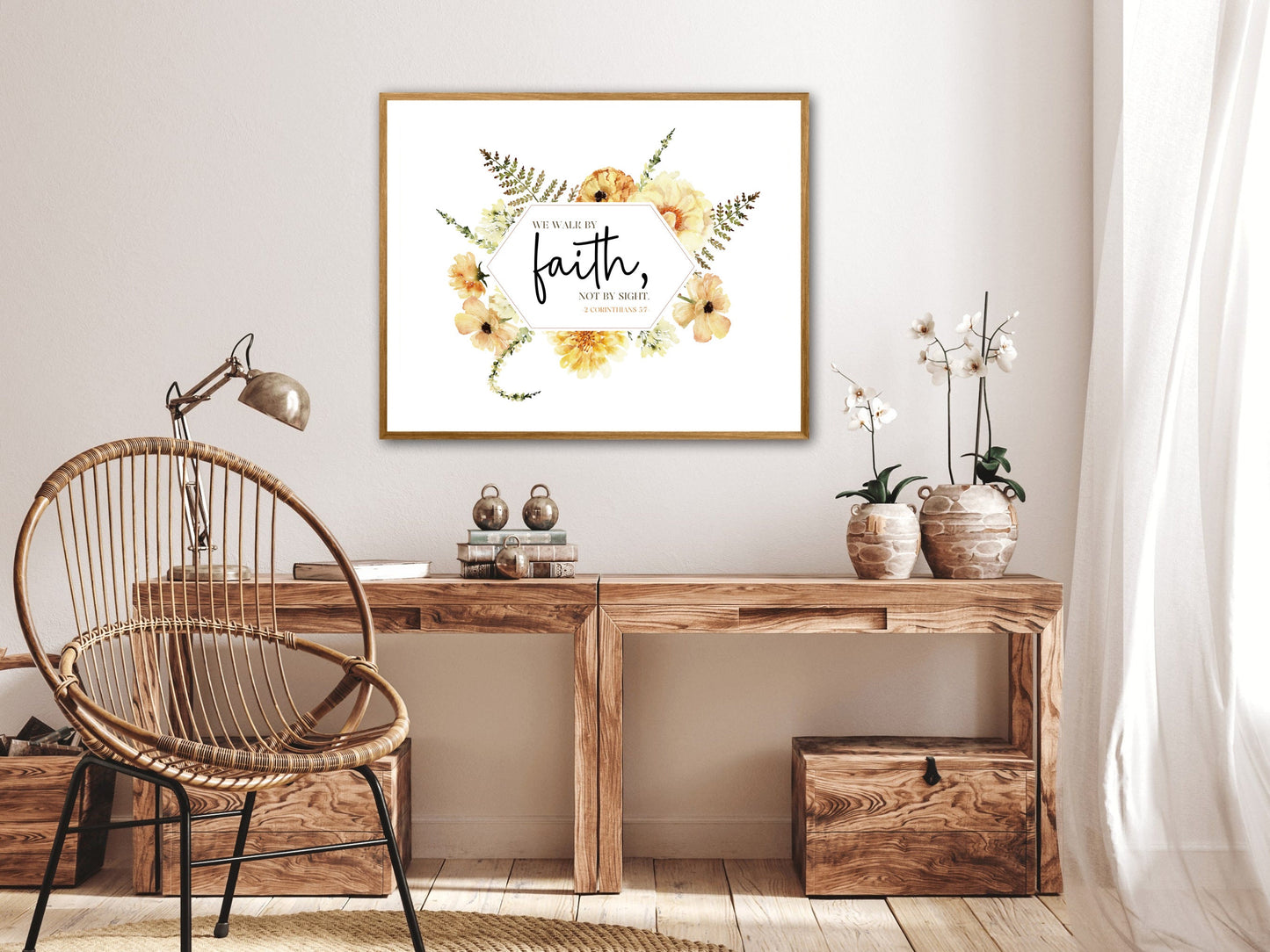 Walk by Faith Bible Verse Wall Art | 2 Corinthians 5:7 | JW Baptism Gift | Lemon Boho Flowers