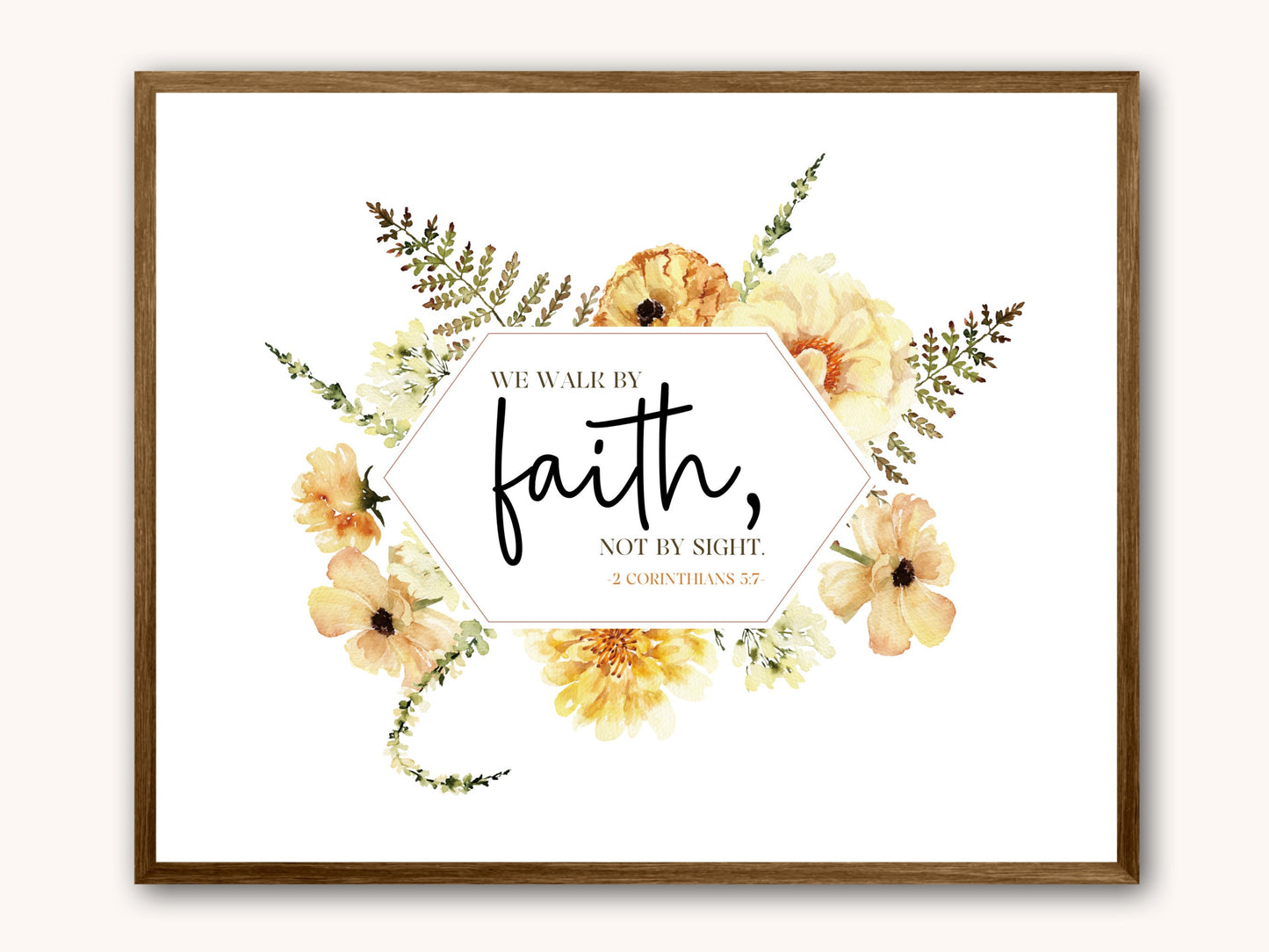 Walk by Faith Bible Verse Wall Art | 2 Corinthians 5:7 | JW Baptism Gift | Lemon Boho Flowers